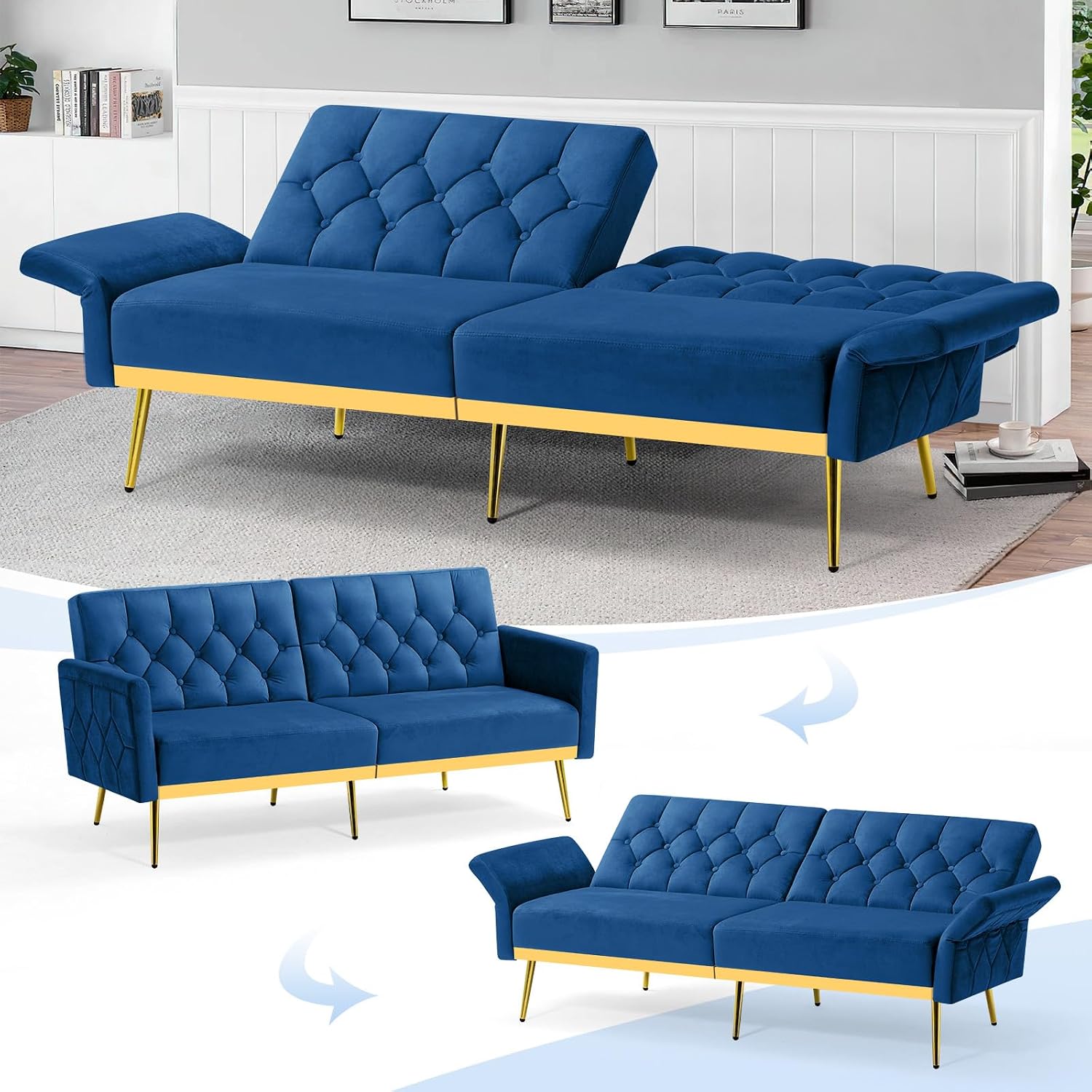 Velvet Futon Sofa Bed w/Adjustable Armrests & Backrests, Button Tufted Sleeper Couch, Modern Convertible Loveseat Sofa for Bedroom, Living Room, Apartment, Blue