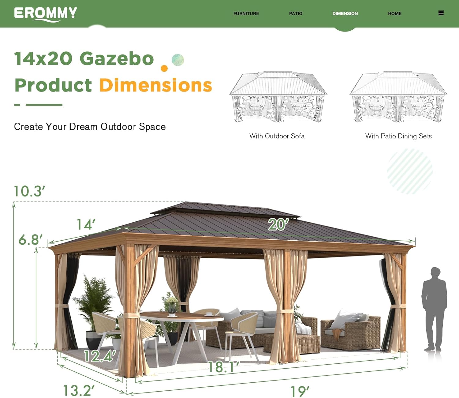 EROMMY 14'x20' Gazebo, Galvanized Steel Double Roof with Wood Grain Aluminum Frame, Outdoor Permanent Metal Pavilion with Curtains and Nettings for Patio, Backyard and Deck
