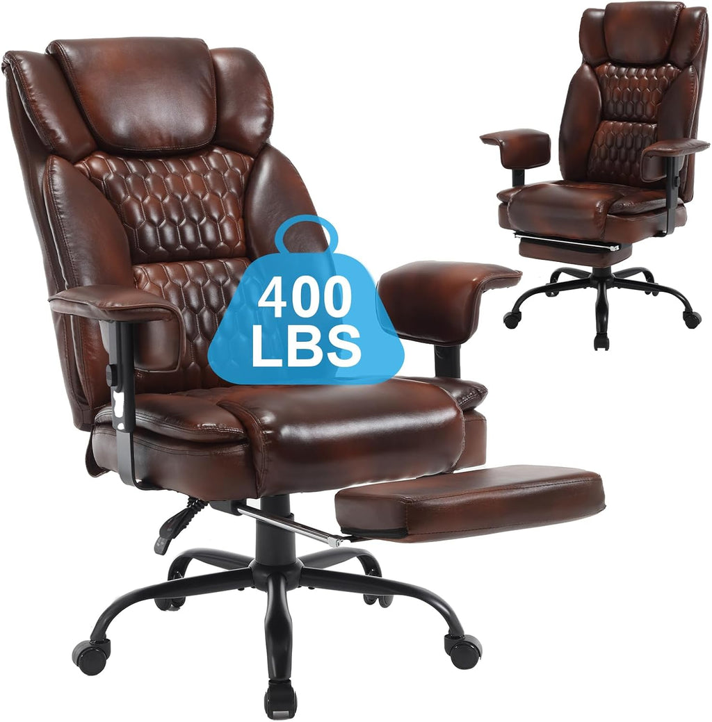400lb Brown Office Chair,Big and Tall Reclining Office Chair with Footrest, High Back Executive Computer Chair with Wheels Pu Leather Recliner Office Desk Chairs with Lumbar Support for Adult