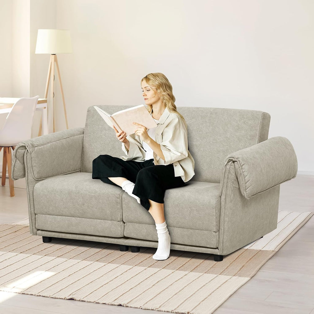 FHFO Loveseat Sleeper Sofa, Convertible Couch Bed Loveset Small Couchs for Small Spaces, 3 in 1 Pull Out Sofa Bed Modern 65' Comfy Futon Sofa Bed Queen for Living Room, Bedroom, Apartment (Beige)