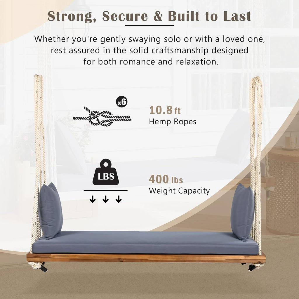 Merax Outdoor Patio Wooden Swing Chair, 2-Seat Hanging Porch Hammock Bench with Cushion & Pillows, 10.8Ft Hemp Ropes for Garden, Backyard, Lawn, Natural