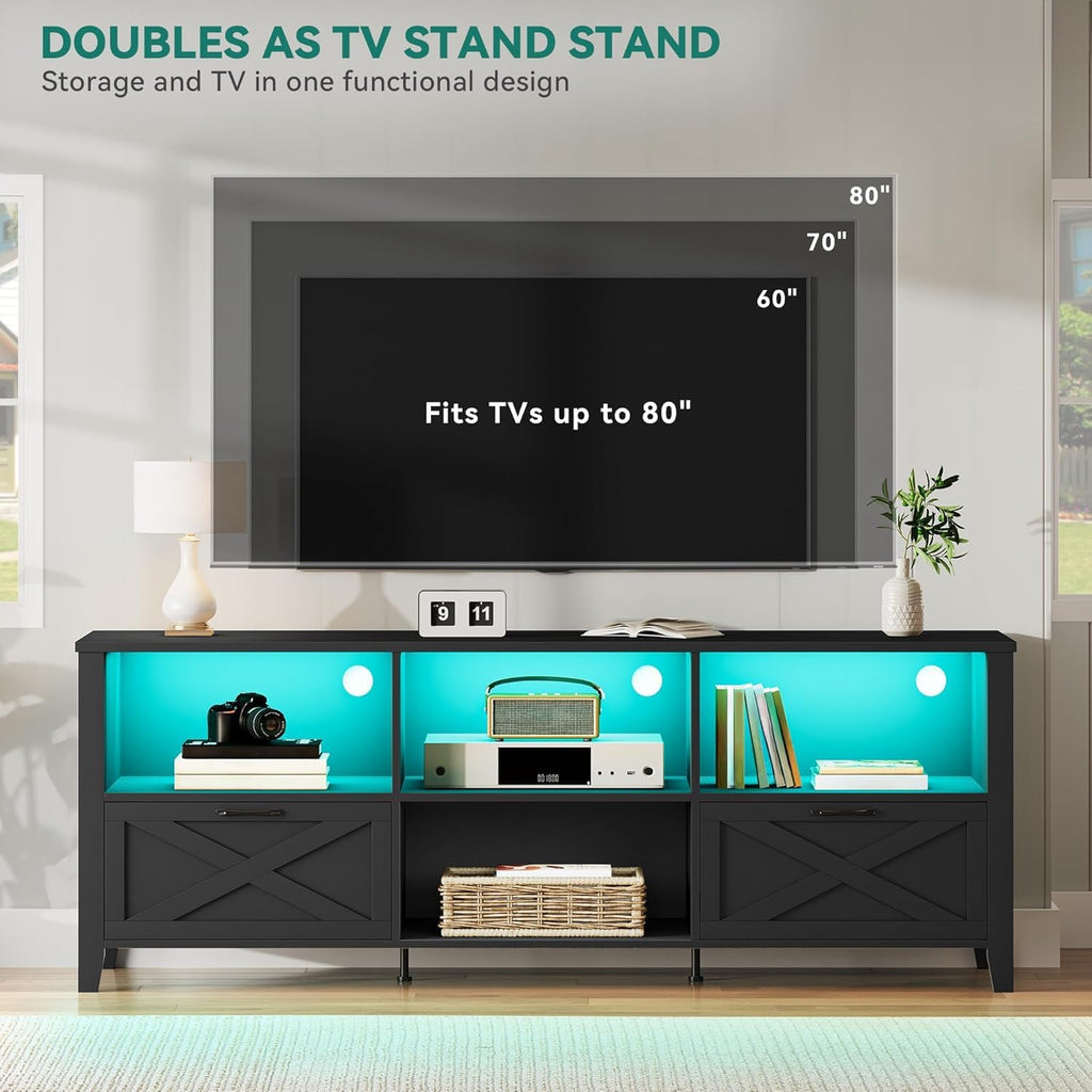 YITAHOME 70 Inch Farmhouse TV Stand with LED Lighting, Fits TVs up to 80 Inches, Media Console with Storage and Customizable Divider, Entertainment Center for Living Room (Black)