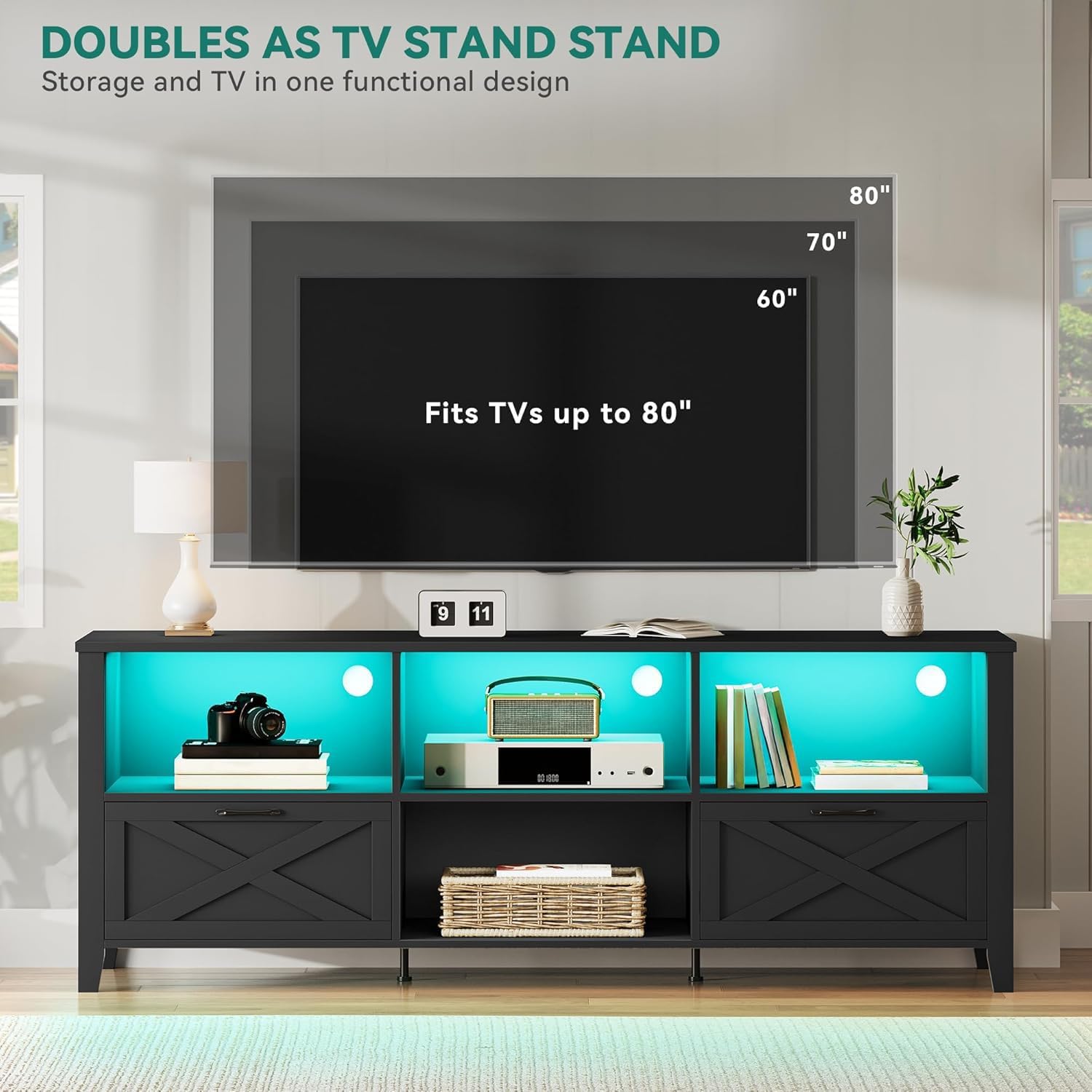 YITAHOME 70 Inch Farmhouse TV Stand with LED Lighting, Fits TVs up to 80 Inches, Media Console with Storage and Customizable Divider, Entertainment Center for Living Room (Black)