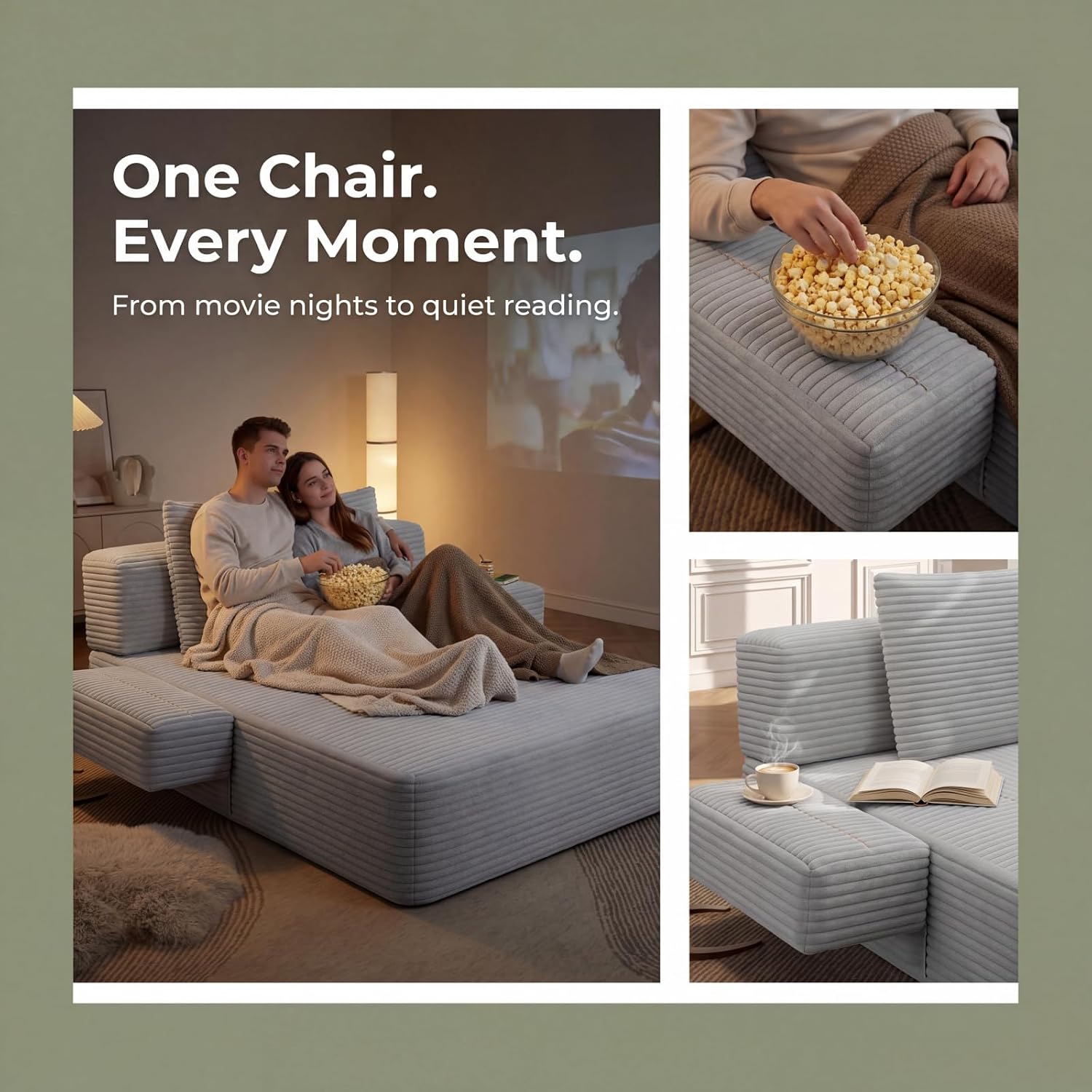 Oversized Boneless Chaise Sofa Bed, Corduroy Chaise Lounge Chair Indoor with Storage Pockets, Upholstered Cloud Sleeper Chair Bed for Small Space, Living Room, Bedroom, Apartment, Light Grey
