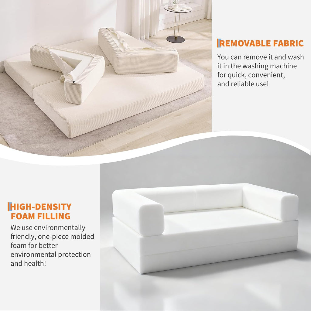 Garvee 5-in-1 Convertible Sofa Bed, 78.8' Modular Corduroy Sleeper with Sturdy Frame & No Assembly, Multi-Functional Futon for Small Space, Living Room & Guest Room (Green) (Beige)