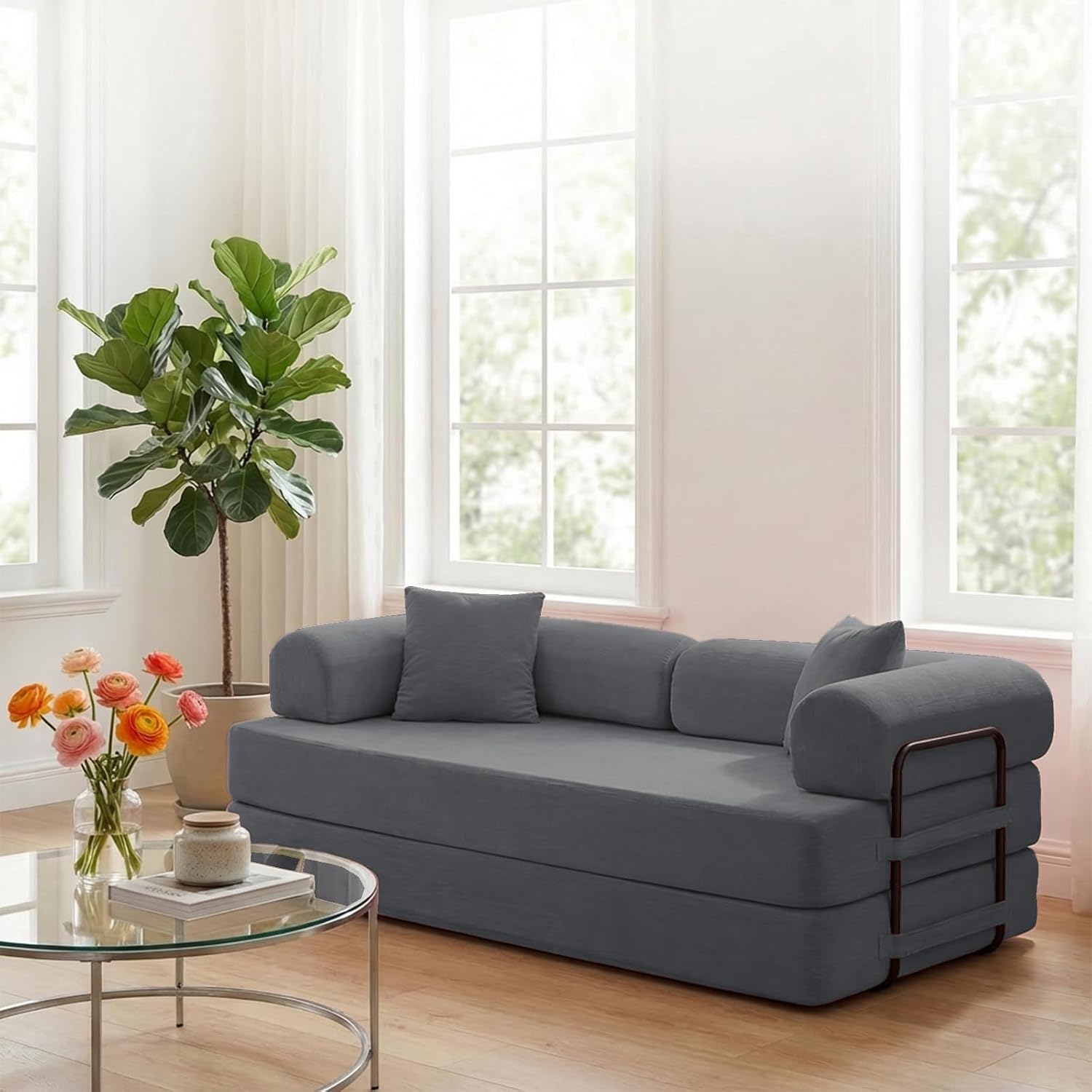 ijuicy 4-in-1 King Convertible Floor Sofa Bed w/ 2 Pillow,Modular Sleeper Sofa/Folding Futon Couch Bed w/Cylindrical Backrest and Fixed Frame,Lounge Couch,Corduroy Compression Sofas for Home-Dark Grey