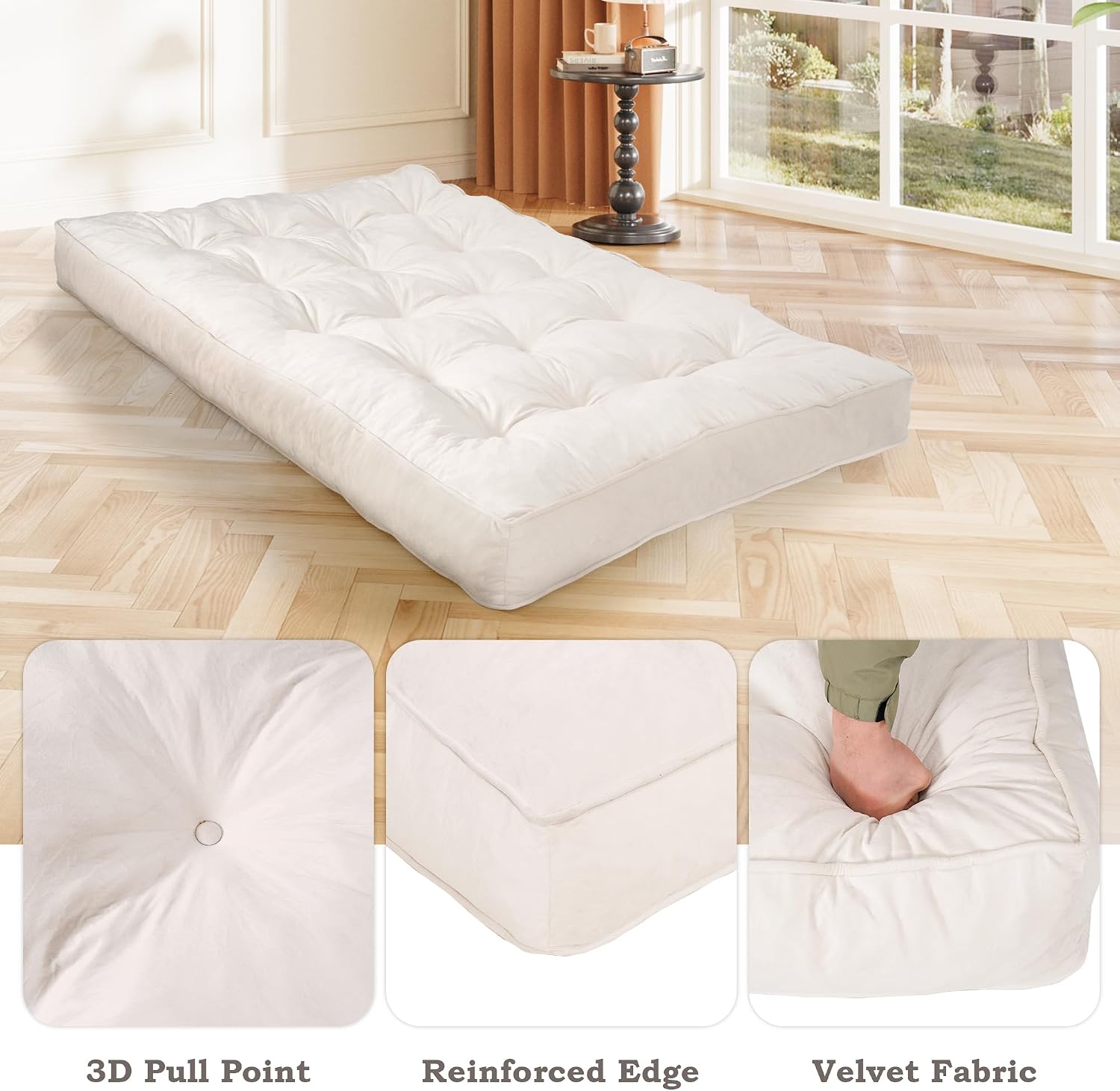 DHMAKER 8-inch Futon Mattress Queen Size, Thick Futon Sofa Couch Bed Foldable Floor Sleeping Pad for Adults, Portable Floor Bed Mattress, Velvet Tatami Mat (Frame Not Included),White, 60'x80'