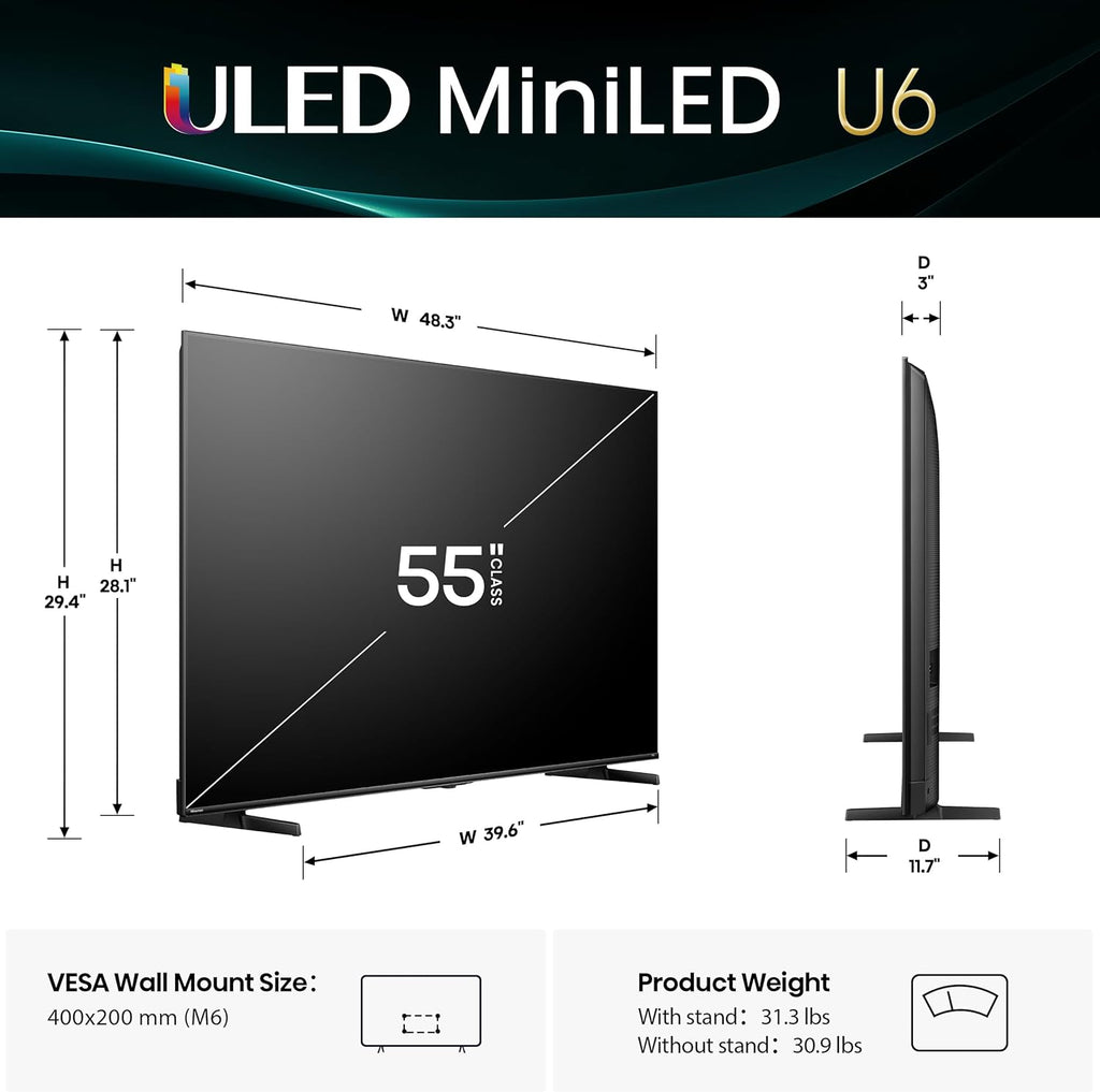 Hisense 55' Class U6 Series Mini-LED 4K UHD Smart Fire TV (55U65QF, 2025 Model) - QLED, Native 144Hz, HDR10+, Dolby Vision IQ, Dolby Atmos, Game Mode Pro, ALLM, Alexa Built in, Black