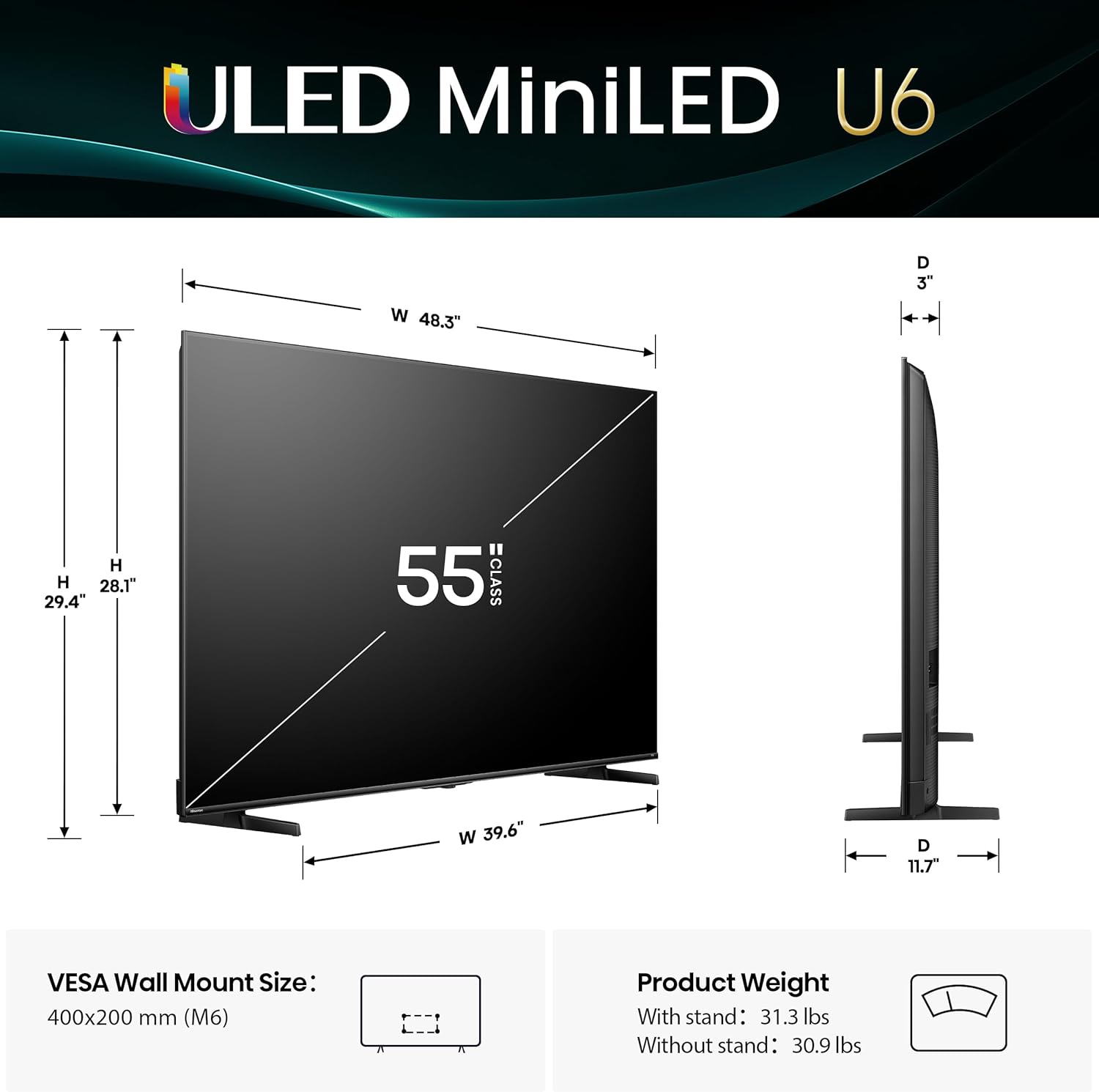 Hisense 55' Class U6 Series Mini-LED 4K UHD Smart Fire TV (55U65QF, 2025 Model) - QLED, Native 144Hz, HDR10+, Dolby Vision IQ, Dolby Atmos, Game Mode Pro, ALLM, Alexa Built in, Black