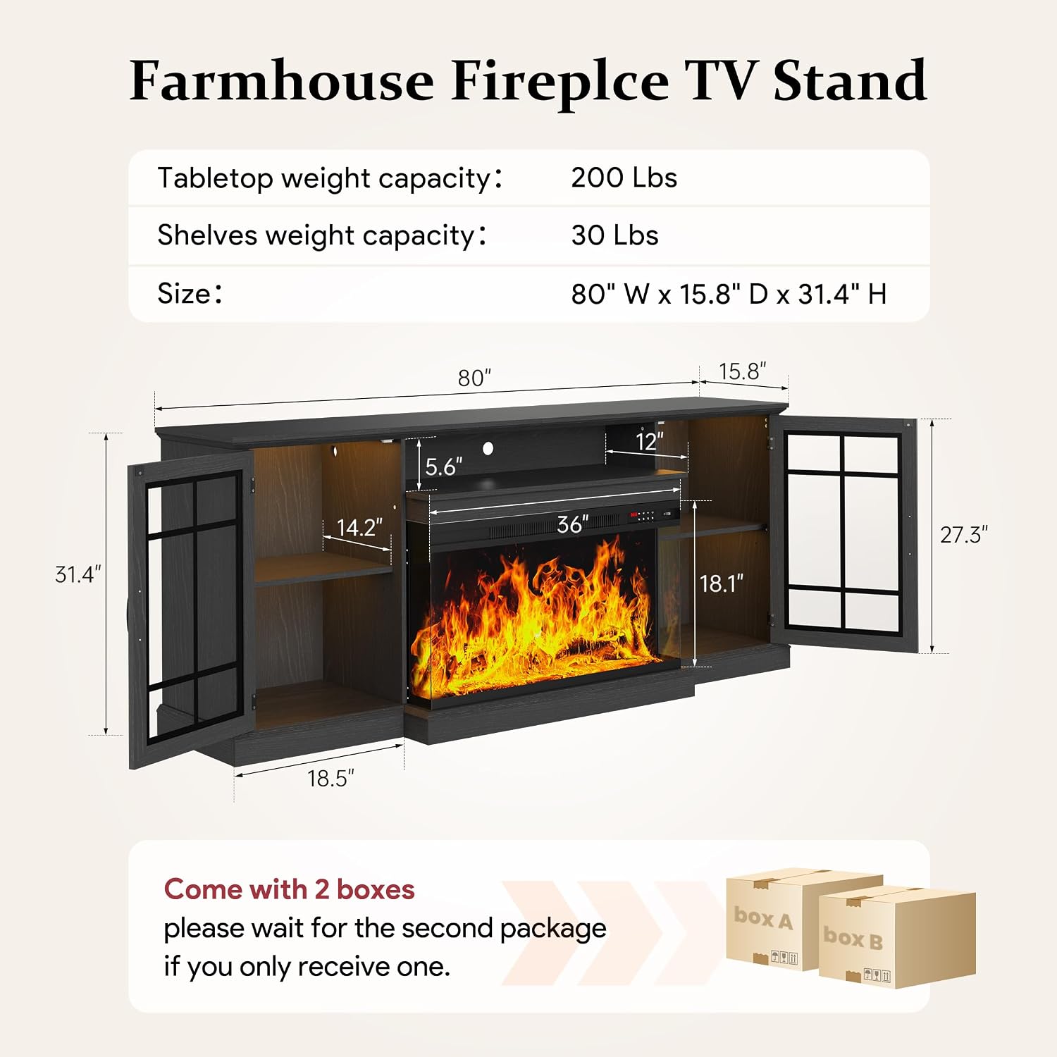 MXV 80'' Fireplace TV Stand, Farmhouse Entertainment Center with 3 Sided Glass TV Stand, Modern Media Console Table with Storage Drawers & Cabinets with LED Flame and Lights for Living Room, Black