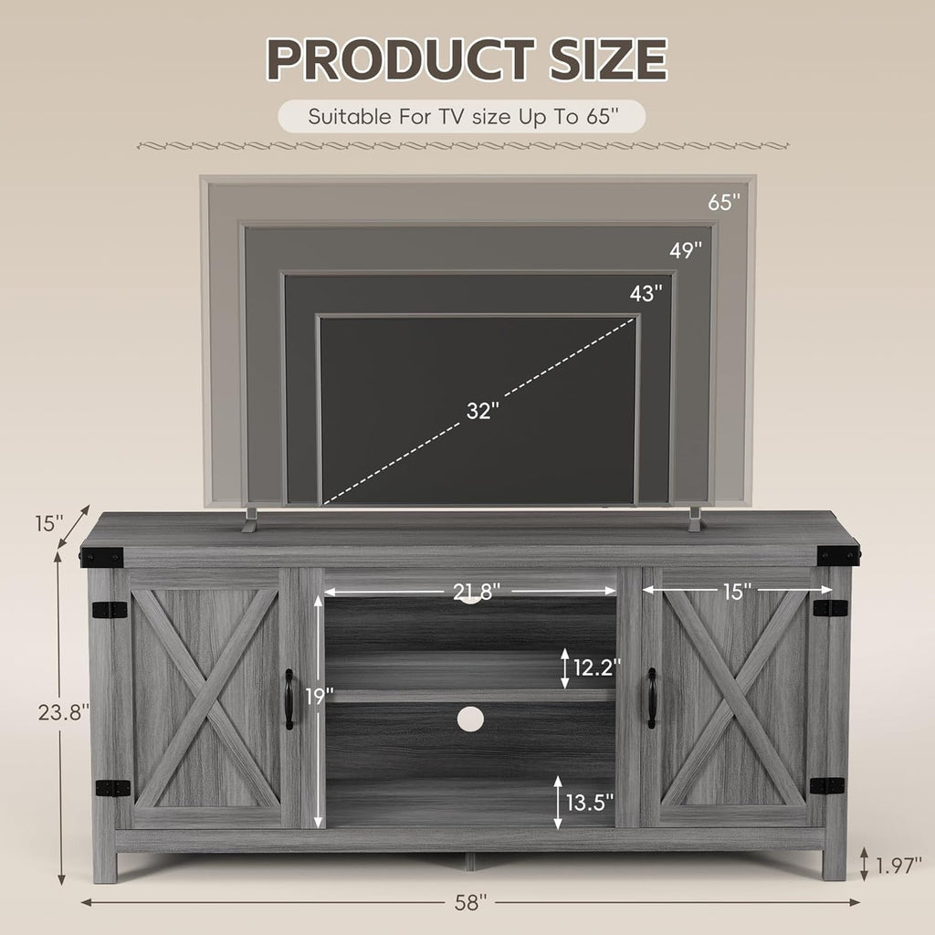 YESHOMY Modern Farmhouse TV Stand with Two Barn Doors and Storage Cabinets for Televisions up to 65+ Inch,Entertainment Center Console Table,Media Furniture for Living Room,Gray & Rustic