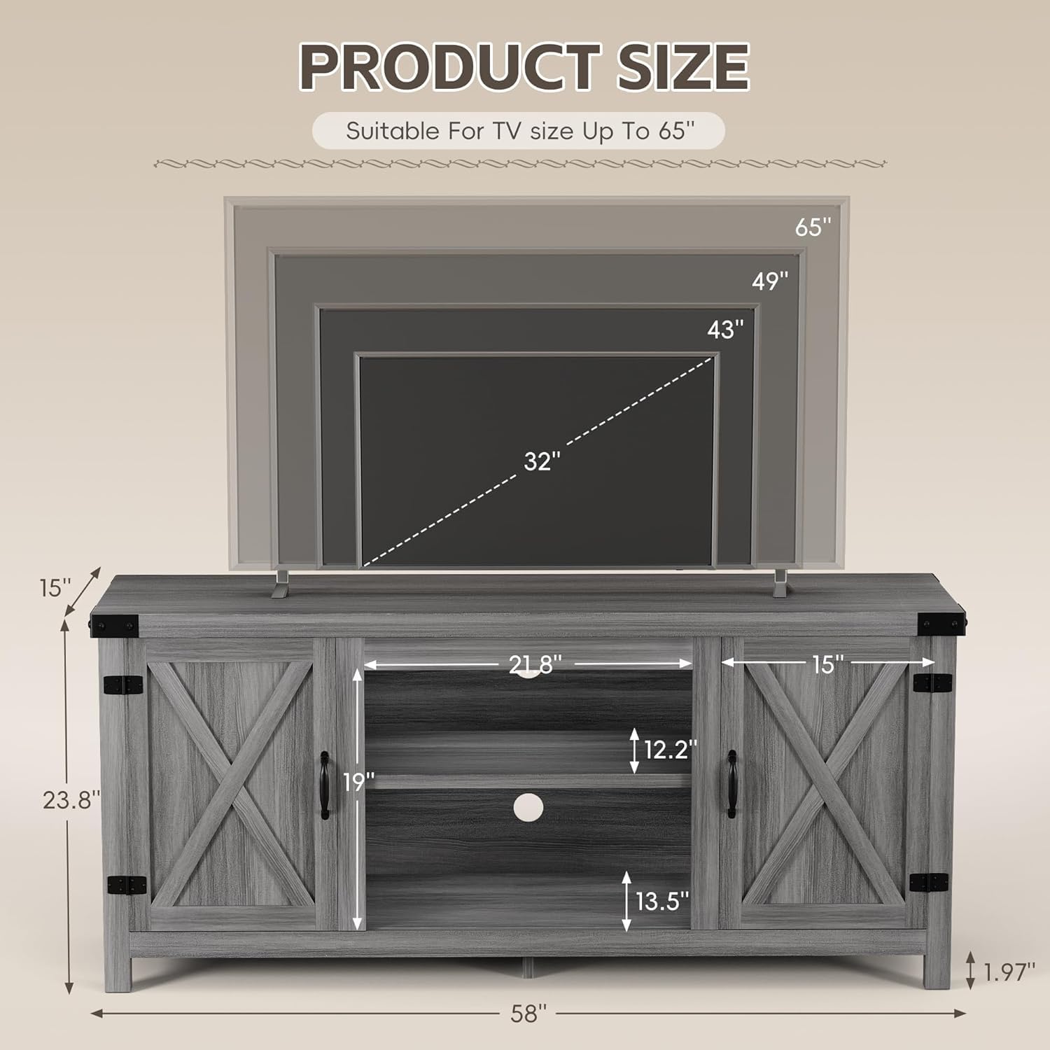 YESHOMY Modern Farmhouse TV Stand with Two Barn Doors and Storage Cabinets for Televisions up to 65+ Inch,Entertainment Center Console Table,Media Furniture for Living Room,Gray & Rustic