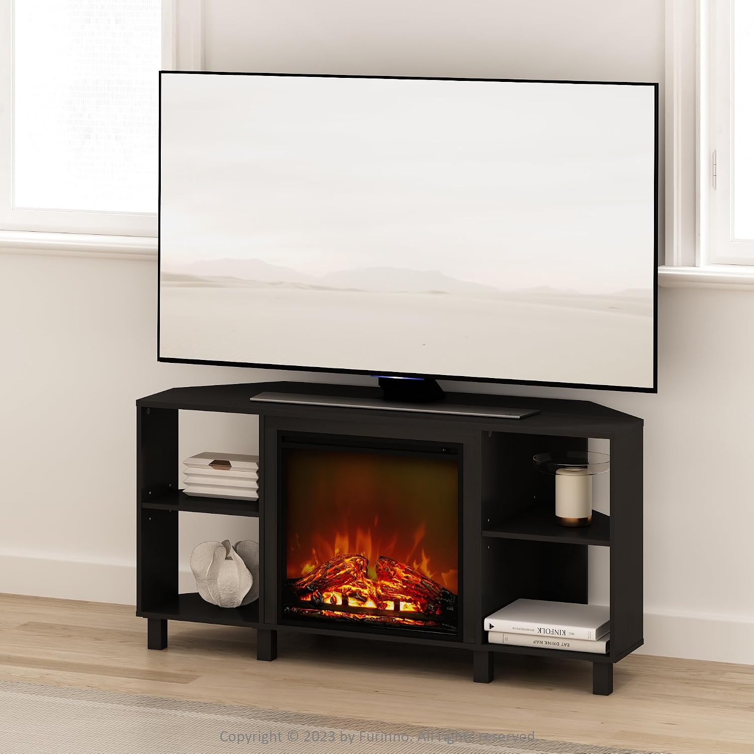 Furinno Jensen Fireplace TV Stand, NO Heat Decorative Electric Fireplace Corner TV Stand for TV up to 55 Inch, with 4 Open Shelves, for Living Room, Americano