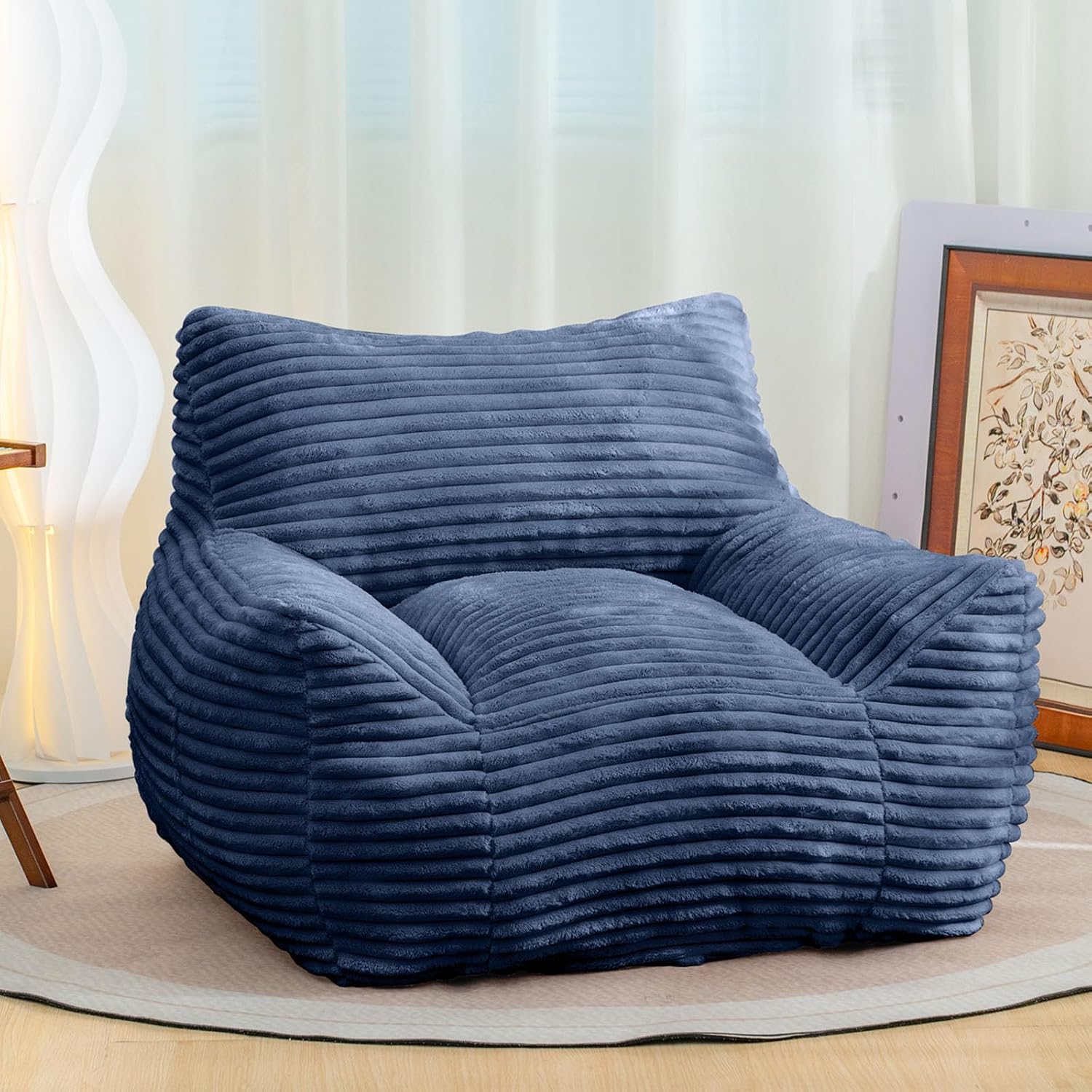 Bean Bag Chair for Adults, Comfy Corduroy Beanbag with Armrests, Lazy Sofa Floor Chair for Living Room, Bedroom, Dorm & Lounge, Cozy Fluffy Single Mini Couch (Blue)