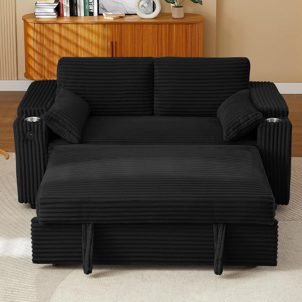 Convertible Corduroy Sofa Bed with USB Charging Port & Cup Holders, 68.11' Foldable Sleeper Chair with Armrests & Pillows, 3-in-1 Floor Futon for Living Room, Bedroom, Guest Room，Easy Assembly