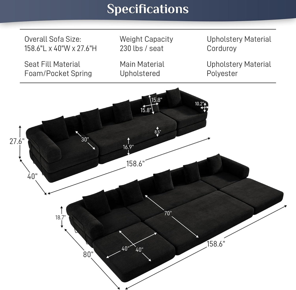 DAMAIFROM Convertible Sleeper Sofa Bed with Cylindrical Pillow,Corduroy Folding Mattress Couch with Fixed-Shape Frame,Modular Floor Sofa Lounge Couch for Living Room Bedroom Lounge,158.6',Black