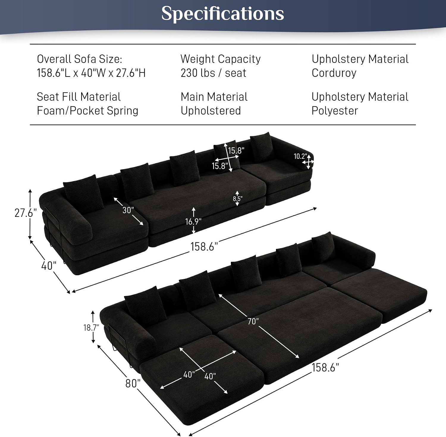 DAMAIFROM Convertible Sleeper Sofa Bed with Cylindrical Pillow,Corduroy Folding Mattress Couch with Fixed-Shape Frame,Modular Floor Sofa Lounge Couch for Living Room Bedroom Lounge,158.6',Black