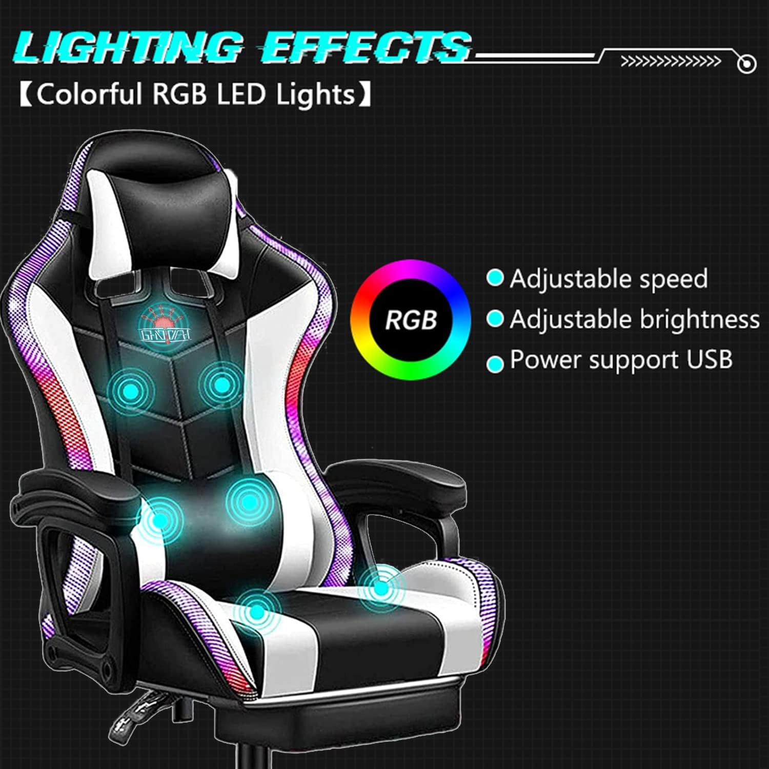 LED Gaming Chairs for Adults with Speakers - Ergonomic Computer Chair with Full Massage, High Back Music Video Game Chair with Footrest and Lumbar Support, PU Leather Silla Gamer,Red