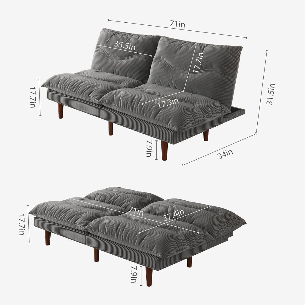 LLappuil Futon Sofa Bed, 69 inch Futon Couch with Adjustable Backrest, Corduroy Convertible Sleeper Sofa Bed, Folding Sleeper Recliner, Loveseat for Apartment, Living Room, Office (Grey)