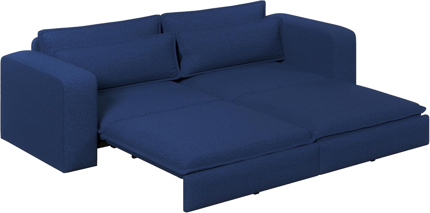 93' King Pull Out Sofa Bed, Teddy Sleeper Sofa Couch, Modern Wide Armrest, 3 in 1 Convertible Futon Couches for Living Room, Small Space, Apartment, Office, Bedroom, Blue