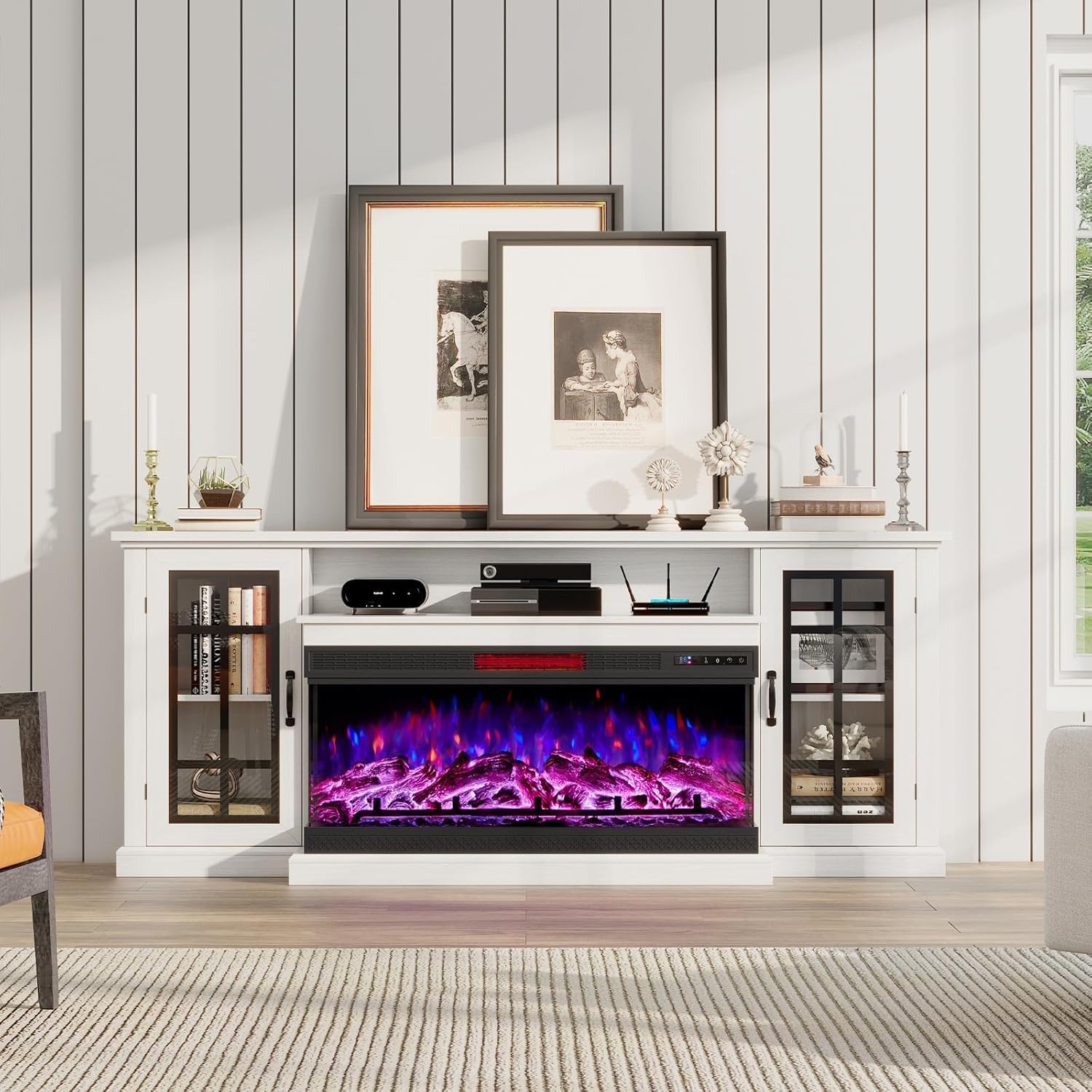 AMERLIFE 75in 3-Sided Glass Fireplace TV Stand for TVs up to 85', Rustic Fireplace Media Entertainment Center Console Table Cabniet with Glass Door Closed Storage, Distressed White