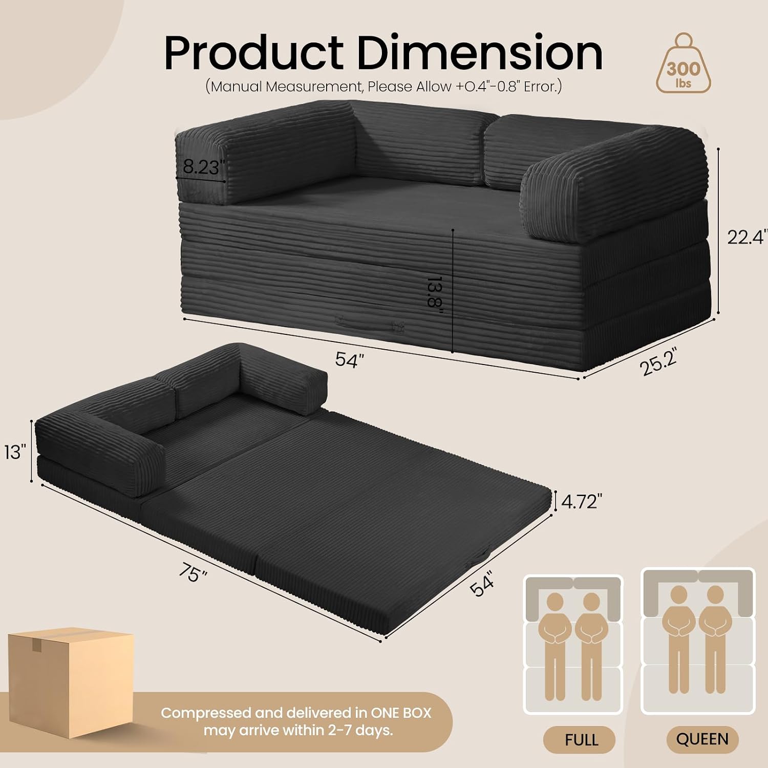 Tri-Fold Foldable Mattress, Convertible Folding Sofa Bed with Removable Arms & Washable Cover, All-in-One Portable Mattress Floor Sofa Bed, No Assembly Required & Non-Slip, Full Size, Black