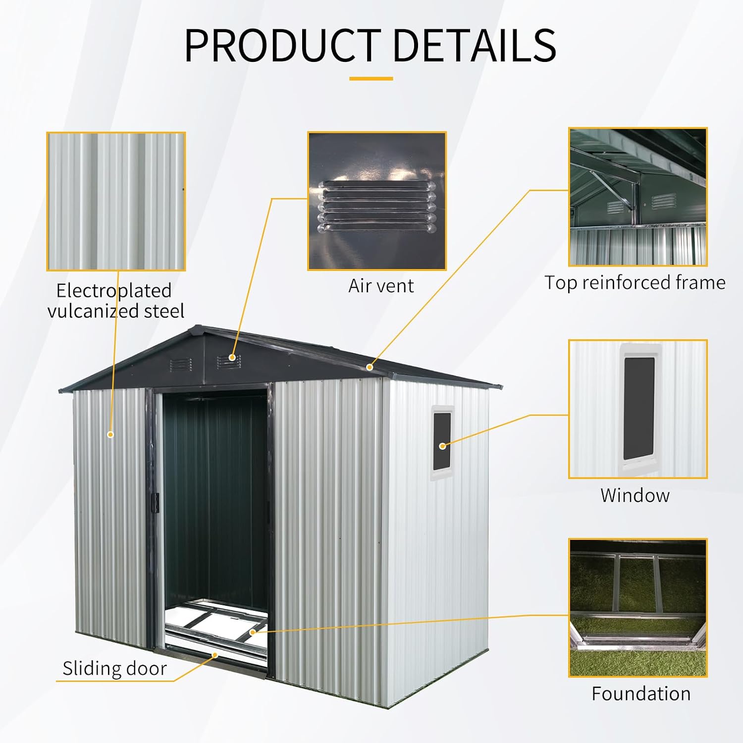 89in x 47in Heavy-Duty Outdoor Metal Storage Shed with Floor Foundation & Window - Galvanized Steel Tool Shed, Tiny Home Backyard Solution w/Lock, Shelves & Anchors,White+Black
