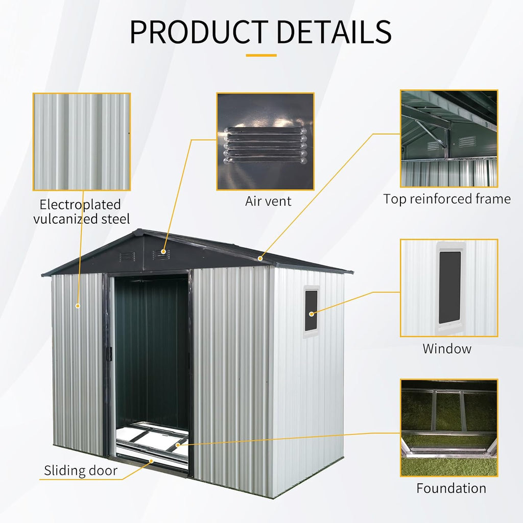 8ft x 4ft Outdoor Metal Storage Shed with Window and Metal Foundation,UV Protection & Waterproof Garden Tools Storage for Backyard, Patio, Lawn (White)