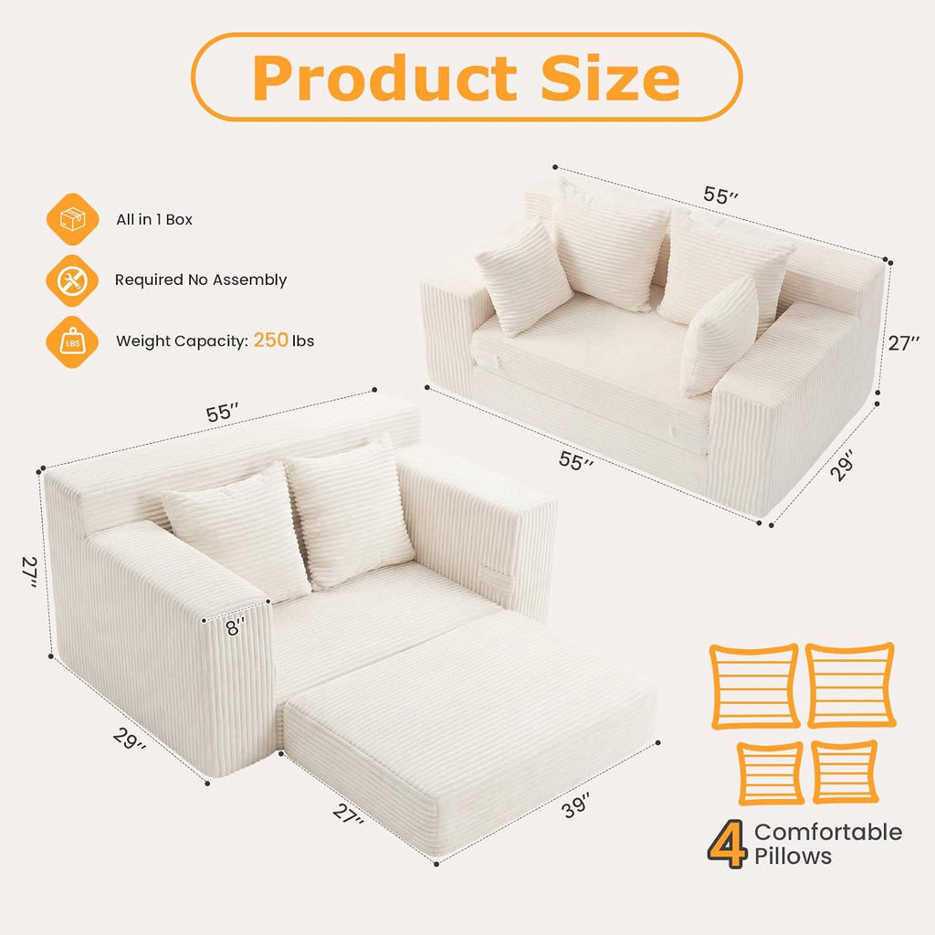Boneless Loveseat Sleeper Sofa Bed, 3-in-1 Convertible Sofa Bed and Futon Couch with 4 Pillows, 55' Beige Boneless Couch for Living Room, Guest Room, Small Space, No Assembly Required, Corduroy