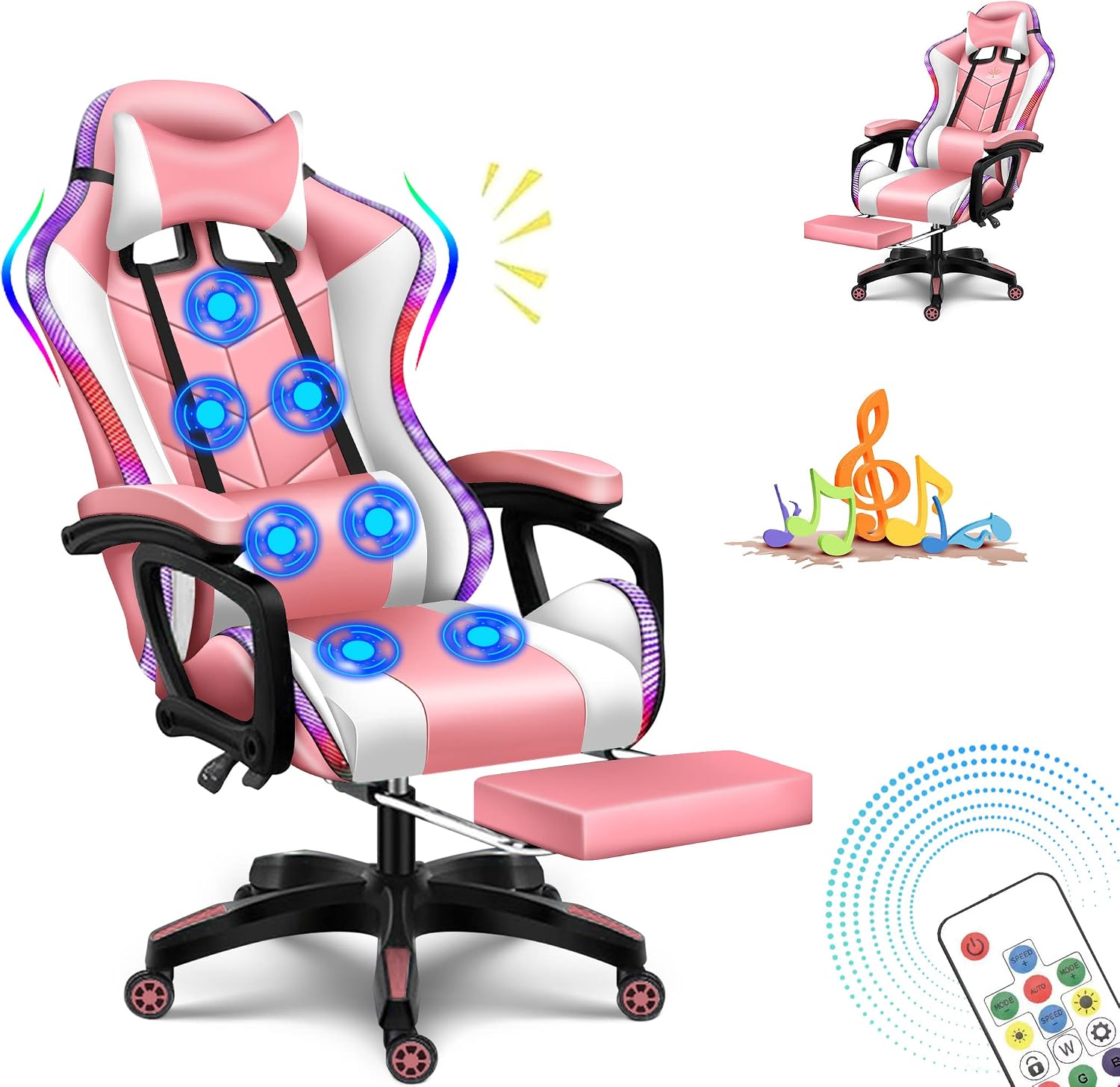 X Rocker Gaming Chair Gaming Chair with RGB Lighting and Speakers, Ergonomic Gaming Chair with footrest and 7-Point Massage Function, 150° tiltable Office Chair Gaming Chair for Adults,Pink