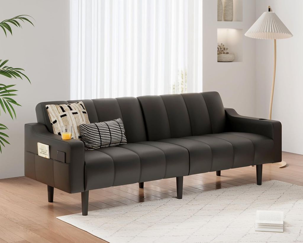 80'' Futon Sofa Bed,Faux Leather Futon Sleeper Sofa, Convertible Loveseat with Adjustable Sofa Backrest,Modern Couches for Living Room, Bedroom, Apartment, Office (Black)