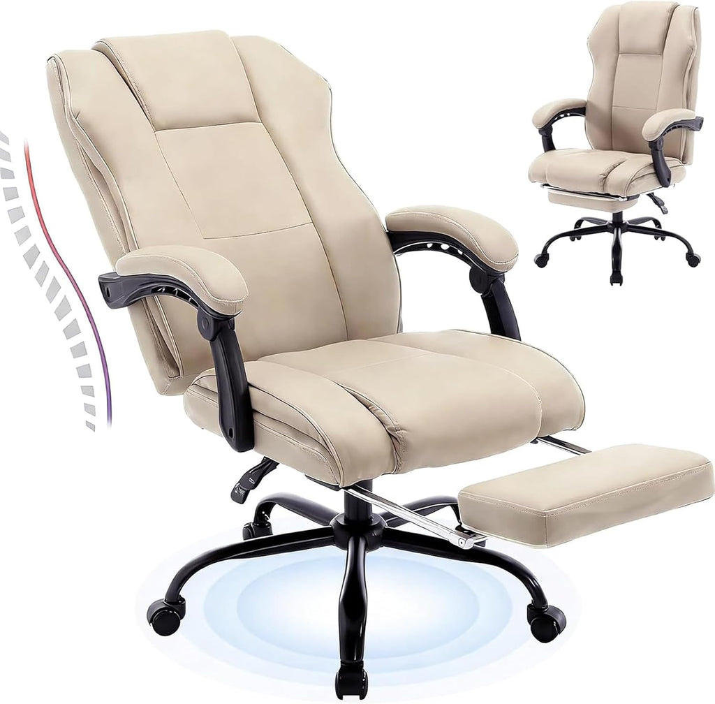 Ergonomic Reclining Office Chair with Footrest, PU Leather Comfortable Recliner Office Desk Chair with Leg Rest Wheels,Beige