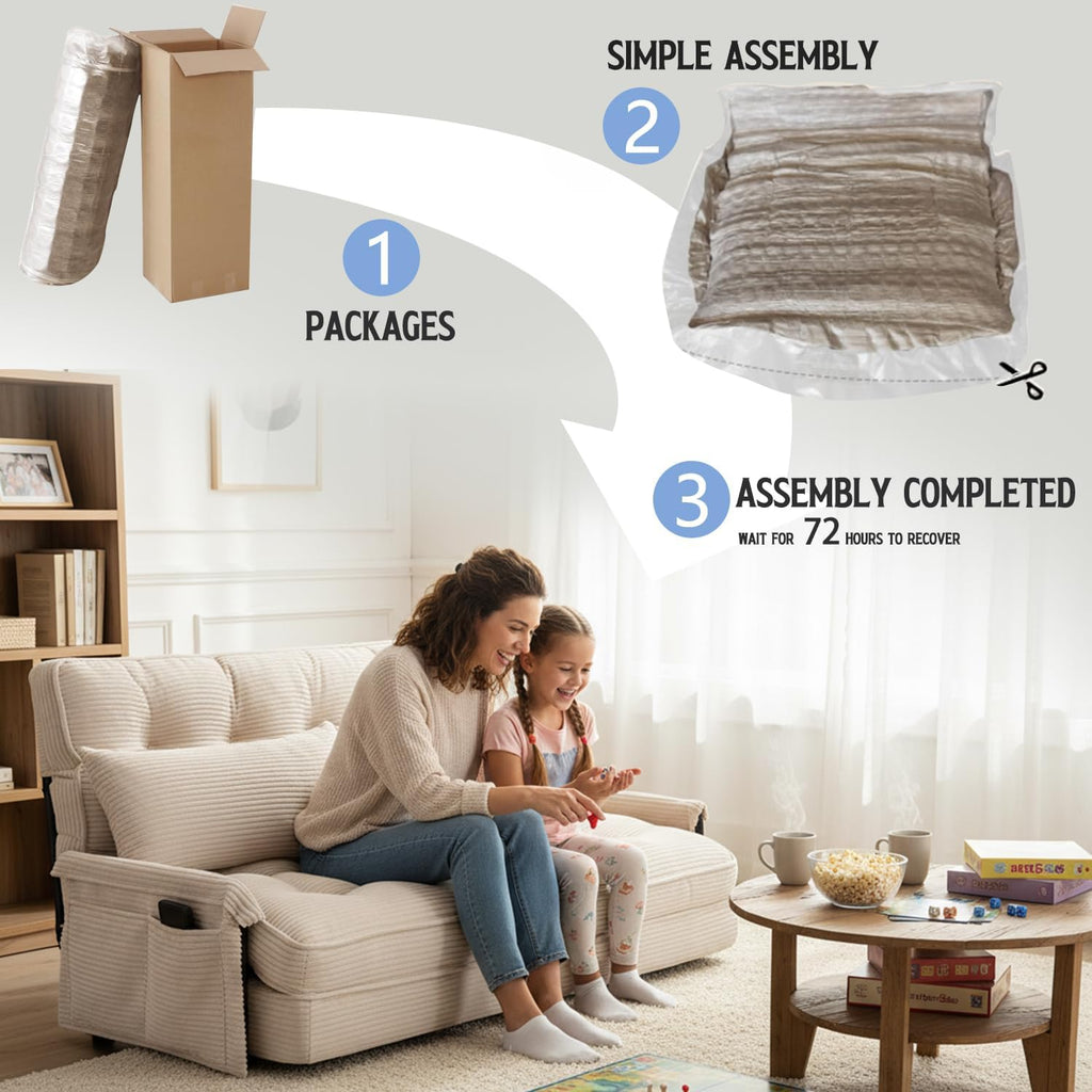 Convertible Futon Sofa Bed with Adjustable Backrest Pillows,Folding Loveseat Sleeper Sofa,Corduroy Pull Out Couches with Side Pocket for Living Room Bedroom Lounge（Cream）