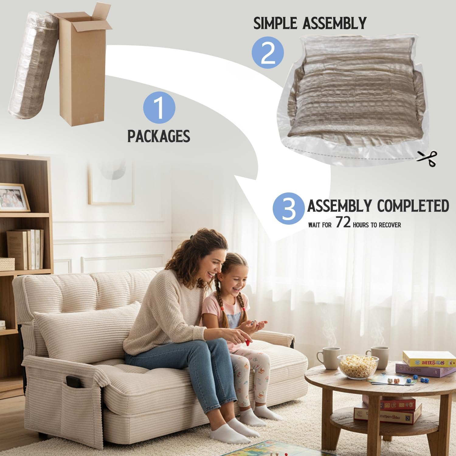 Convertible Futon Sofa Bed with Adjustable Backrest Pillows,Folding Loveseat Sleeper Sofa,Corduroy Pull Out Couches with Side Pocket for Living Room Bedroom Lounge（Cream）