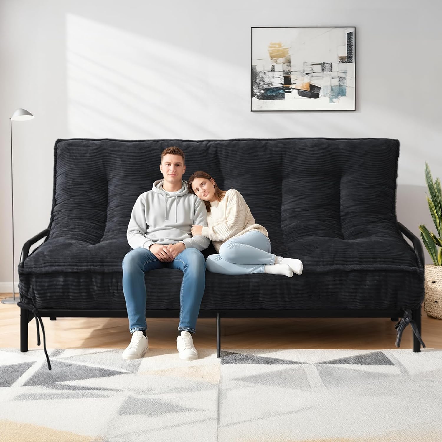 8' Futon Mattress Queen Size, Futons Sofa Bed Sleeper Couch Bed, Folding Mattress with Shredded Foam & 2 Straps, Futon Floor Mattress for Living Room & Guest Room, Corduroy (Frame Not Included)