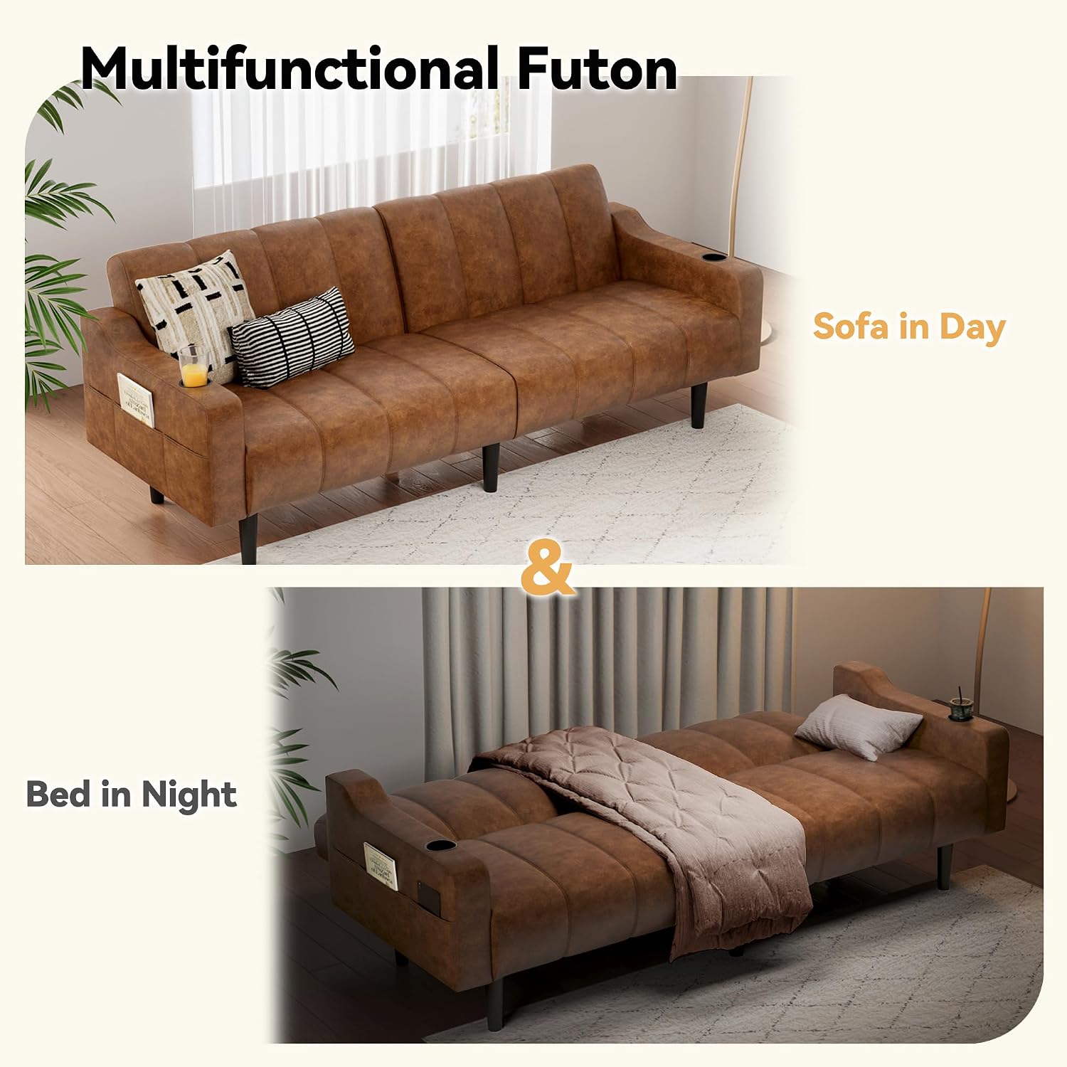 80'' Futon Sofa Bed,Faux Leather Futon Sleeper Sofa, Convertible Loveseat with Adjustable Sofa Backrest,Modern Couches for Living Room, Bedroom, Apartment, Office (Dark Brown)