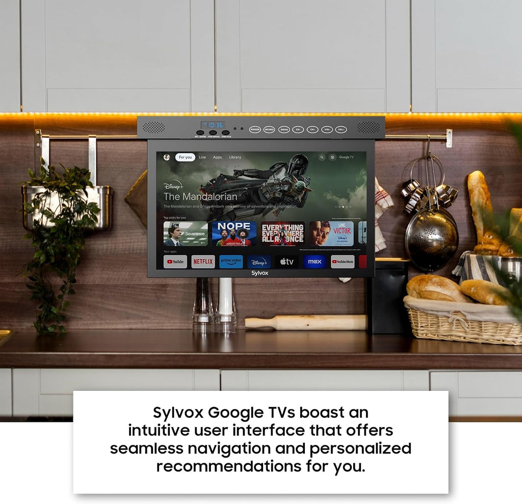 SYLVOX 15.6' Flip Down Smart TV Under Cabinet Google TV Supports 360 Degree Rotation WiFi & Wireless Connection, Storage Design for Kitchen Bedroom RV Yacht (Classic Black)