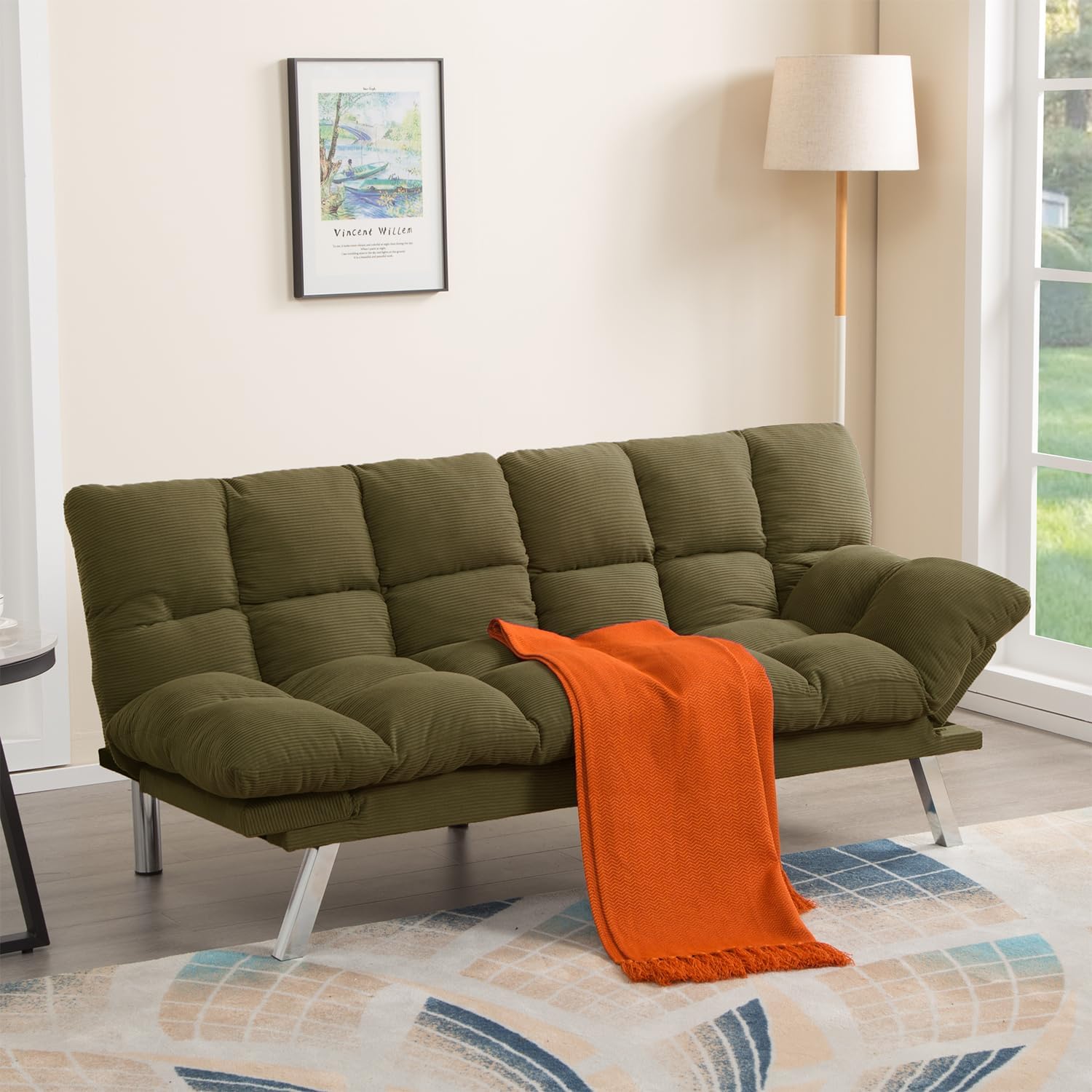 Modern Green Corduroy Convertible Folding Futon Couch Sofa Bed Adjustable Pillow Top Arm Memory Foam Couch Double Loveseat Sofa for Compact Living Space, Game Studio, Apartment, Bedroom (67.3' Green)