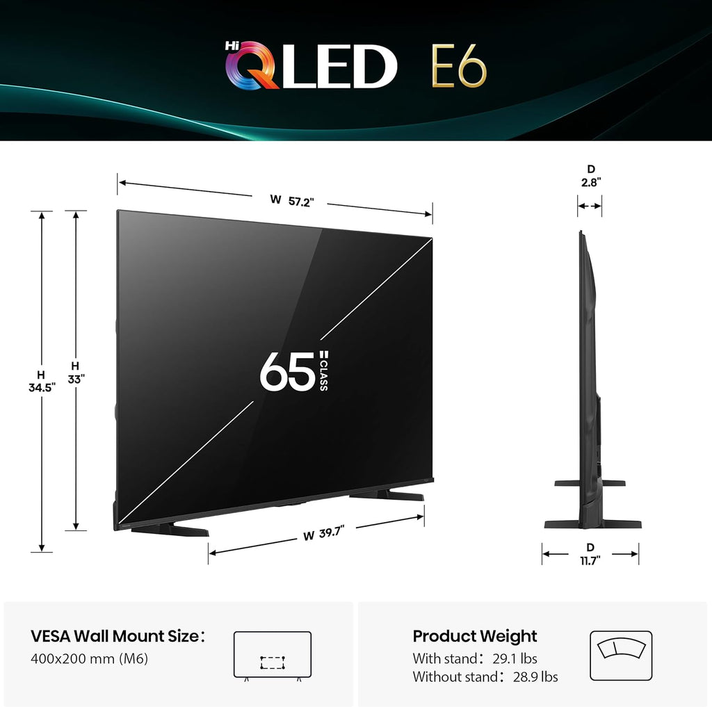 Hisense 65' E6 Cinema Series Hi-QLED 4K UHD Smart Fire TV (65E6QF, 2025 Model) -AI Light Sensor, Dolby Vision · Atmos, Voice Remote with Alexa, Motion Rate 120, HDR 10+ Adaptive, Game Mode Plus