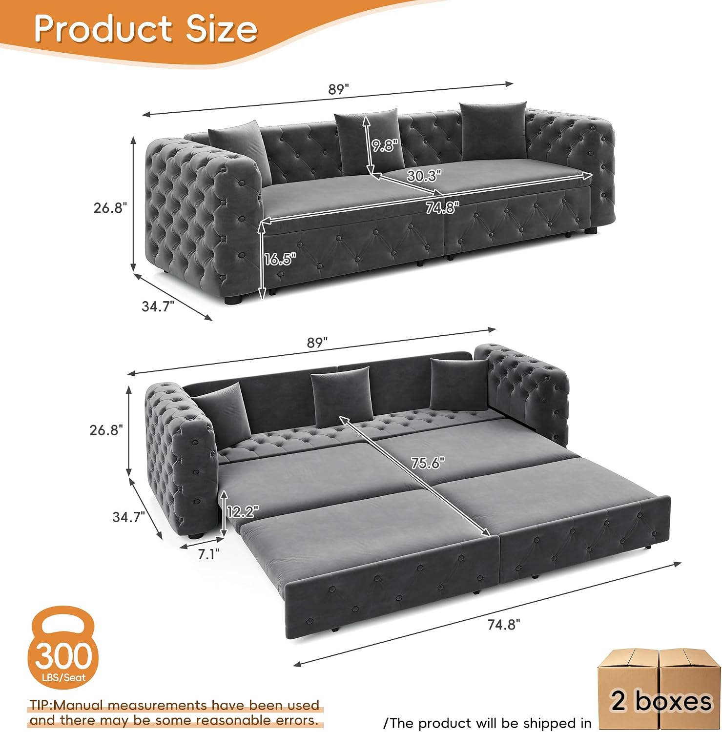 89' Pull Out Sofa Bed King Size, Velvet Chesterfield Sleeper Sofa Couch, 3 in 1 Convertible Recliner, Modern Tufted Deep Seat Couches for Living Room, Small Space, Apartment, Concrete Gray