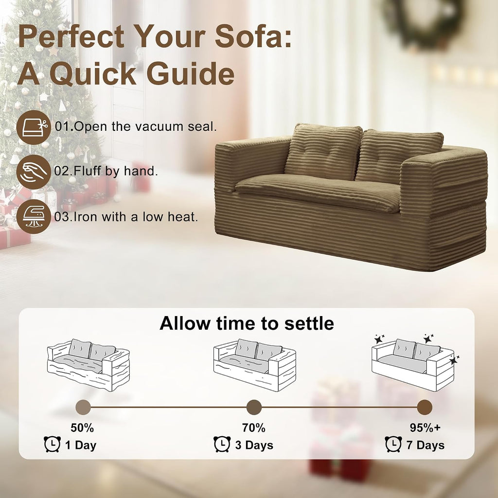 80'' Futon Sofa Bed, King Size Foldable Sleeper Sofa, Corduroy Boneless Loveseat Couch with Chaise Lounge, 3 Pillows, Blanket, Upholstered Sectional Couches for Living Room, Bedroom, Camel