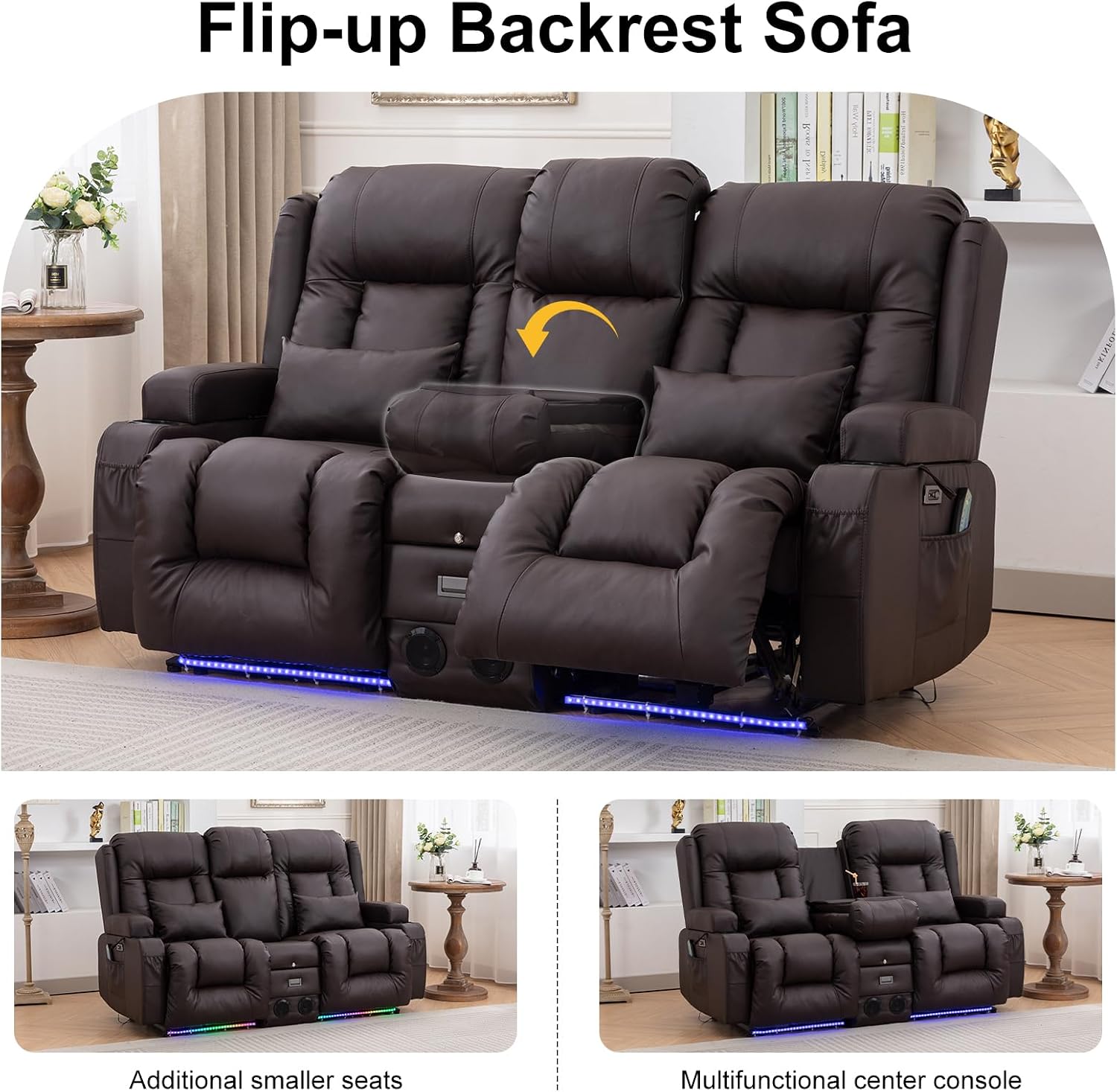 TUNYI Power Loveseat Recliner Sofa with Massage & Heat Home Theater Seating with Console RV Recliner Loveseat Sofa with USB/Storage/Side Pocket/LED Light/Speaker (Brown, Loveseat)