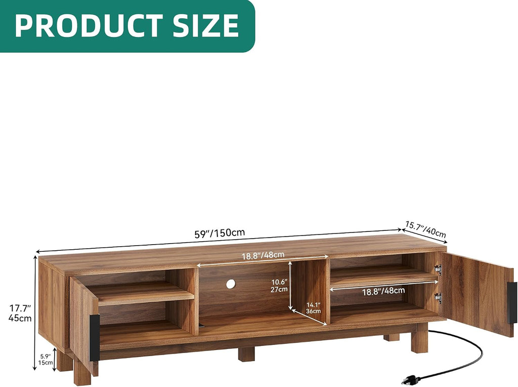 YITAHOME 59' Fluted TV Stand for TVs up to 65', Mid-Century Modern Media Console with Built-in Power Outlets, Adjustable Shelves & Cable Holes, Wooden Entertainment Center for Living Room, Walnut