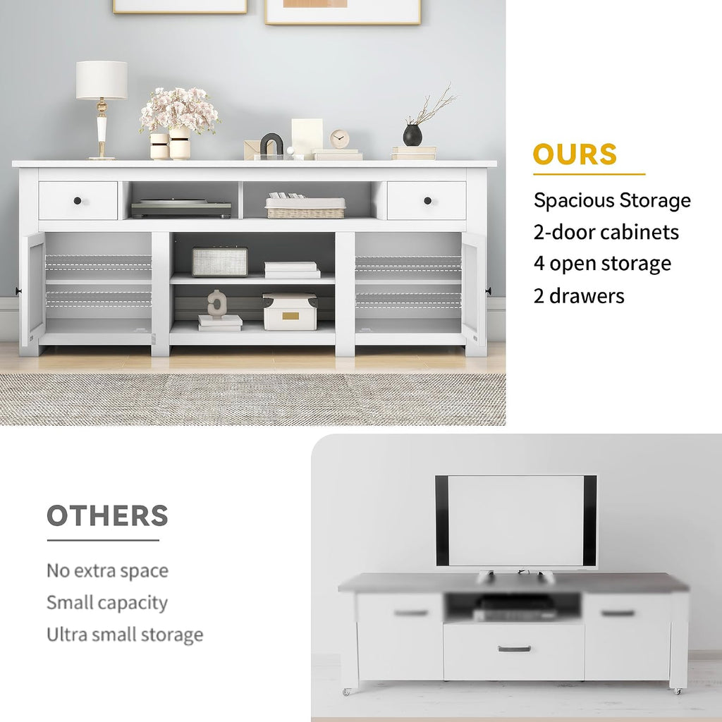 DWVO Farmhouse TV Stand for 75/80 Inches TVs, Entertainment Centers Furniture 30' Tall, TV Consoles with Storage Drawers & Power Outlet, Rustic TV Stands for Living Room, White