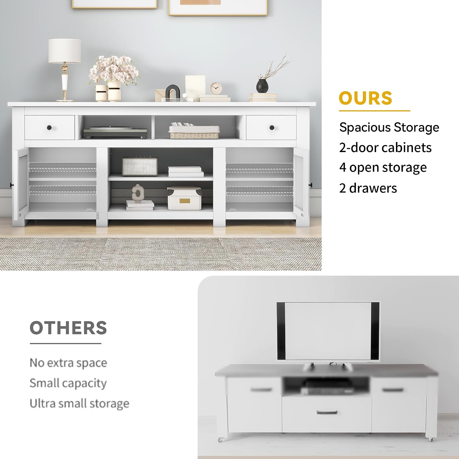 DWVO Farmhouse TV Stand for 75/80 Inches TVs, Entertainment Centers Furniture 30' Tall, TV Consoles with Storage Drawers & Power Outlet, Rustic TV Stands for Living Room, White