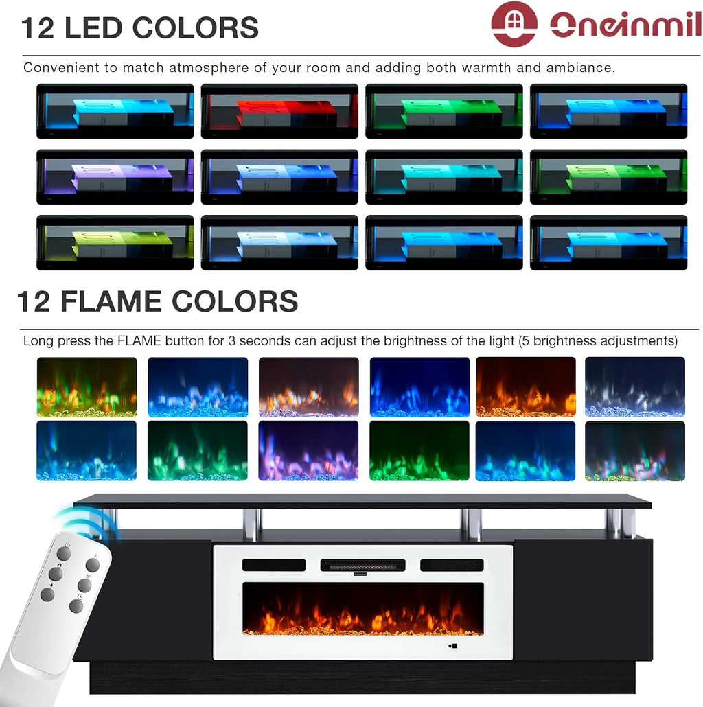oneinmil Fireplace TV Stand with 36' Electric Fireplace, 70' 2 Tier TV Console Stand for TVs Up to 80', LED Light Entertainment Center, Fireplace for The Living Room TV Stand, Black