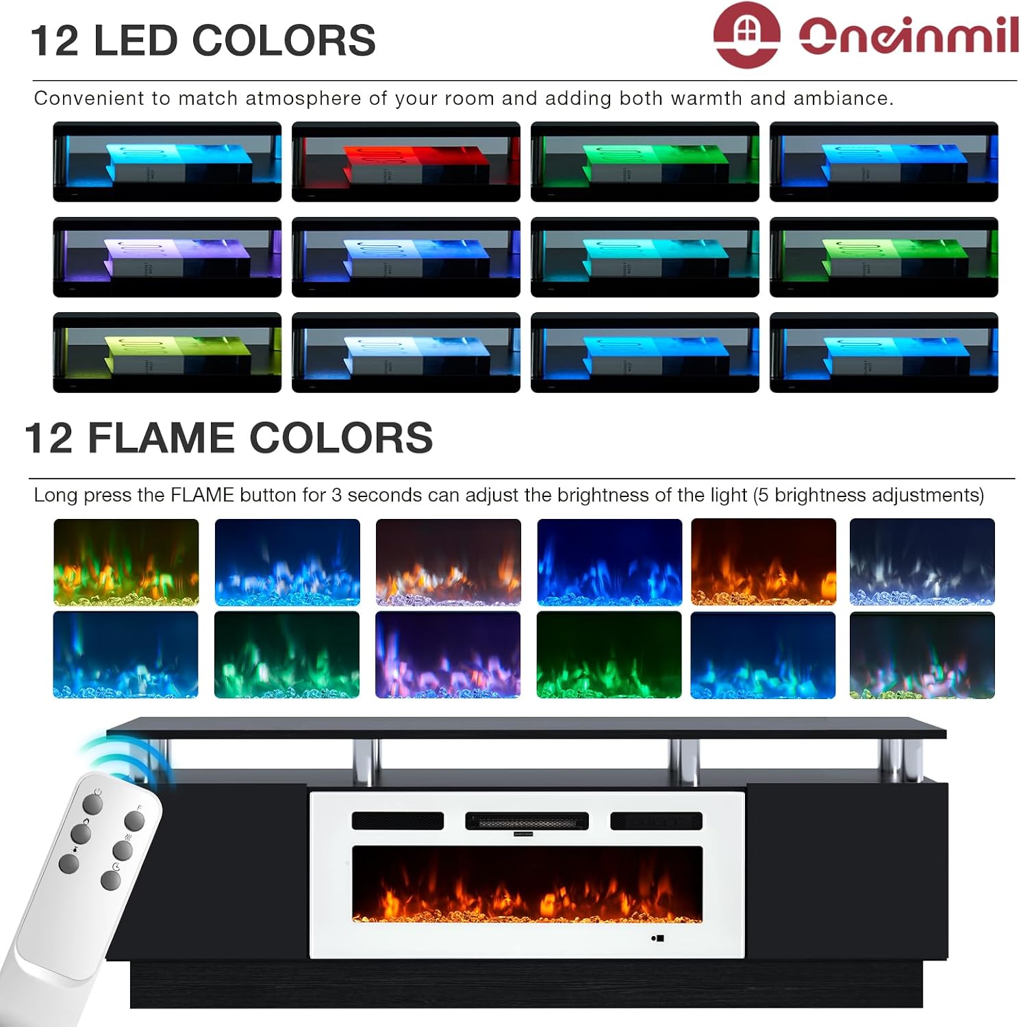 oneinmil Fireplace TV Stand with 36' Electric Fireplace, 70' 2 Tier TV Console Stand for TVs Up to 80', LED Light Entertainment Center, Fireplace for The Living Room TV Stand, Black