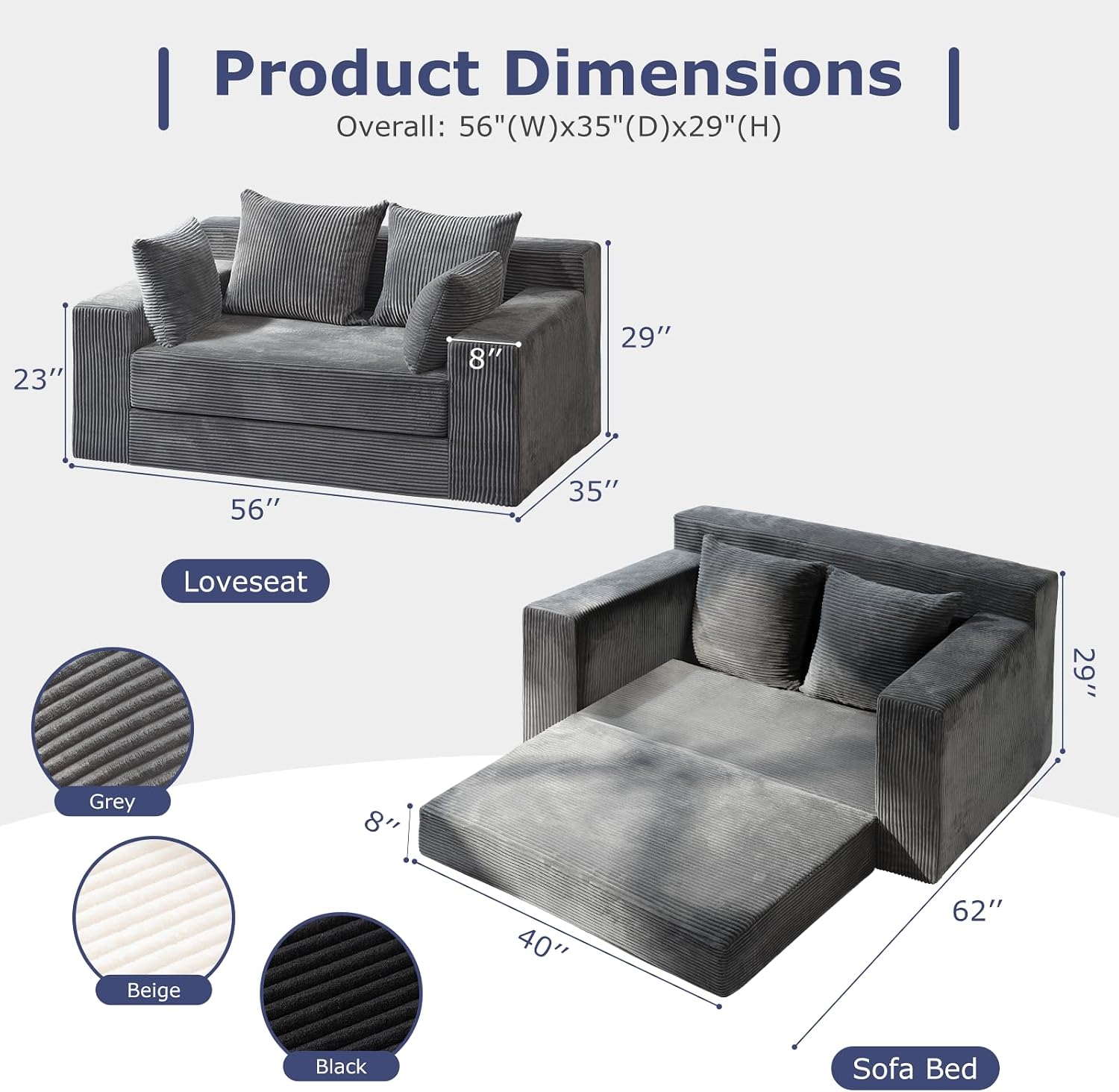 Convertible Sofa Bed, Boneless Couch Loveseat Sleeper, 2 in 1 Folding Couch Bed, Fold Out Comfy Floor Futon Sofa with Pillows for Living Room Bedroom, Grey