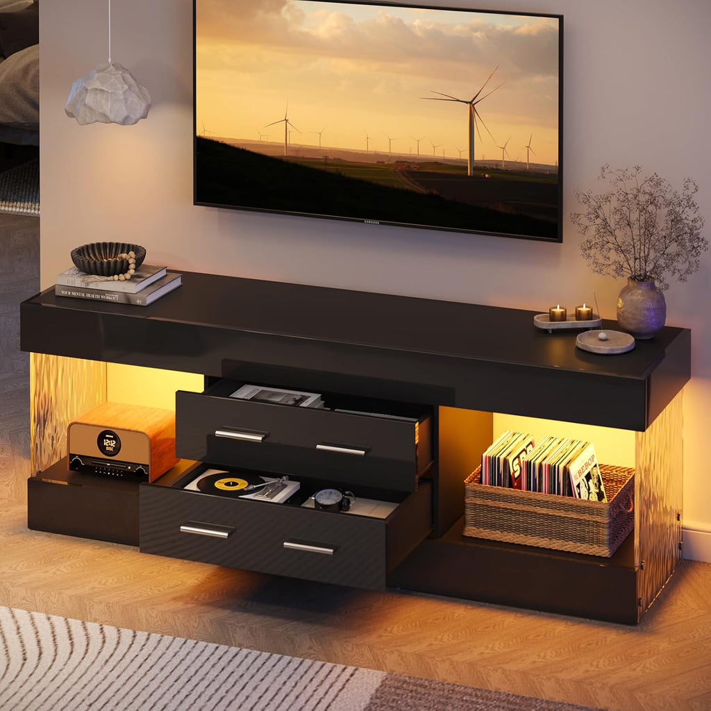 Bestier Modern 60 Inch TV Stand for 65/60/55+ TV, High Gloss Black Entertainment Center with 2 Drawers & LED Lights, Stone-Pattern Side Panels TV Consoles for Living Room, Bedroom