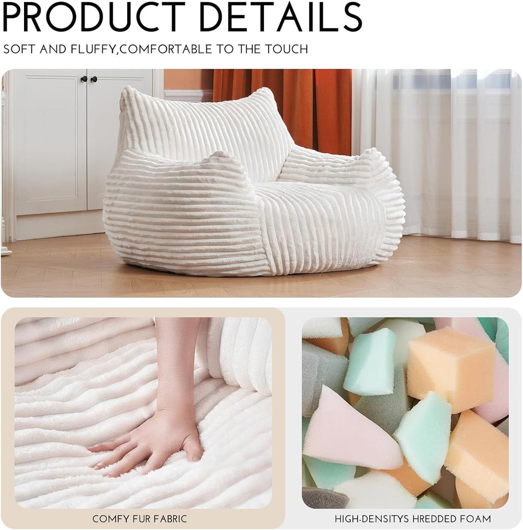 LKD Bean Bag Chairs for Adults,Comfy Corduroy Bean Bag Chair with Arms,Modern Living Room Decorative Corner Chair Bedroom,Reading Sofa, Dormitory Lounge Sofa Chairs for Bedroom (White，No Ottoman)